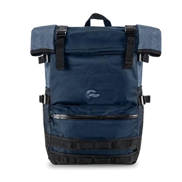 Navy roll-top backpack with black straps, front zipper pocket, and durable fabric