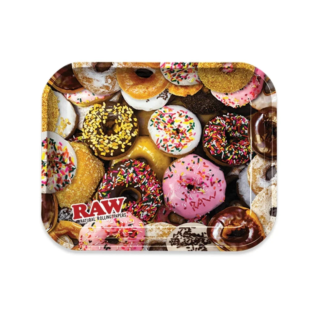 RAW rolling tray with colorful donut design and sprinkles, natural rolling papers accessory