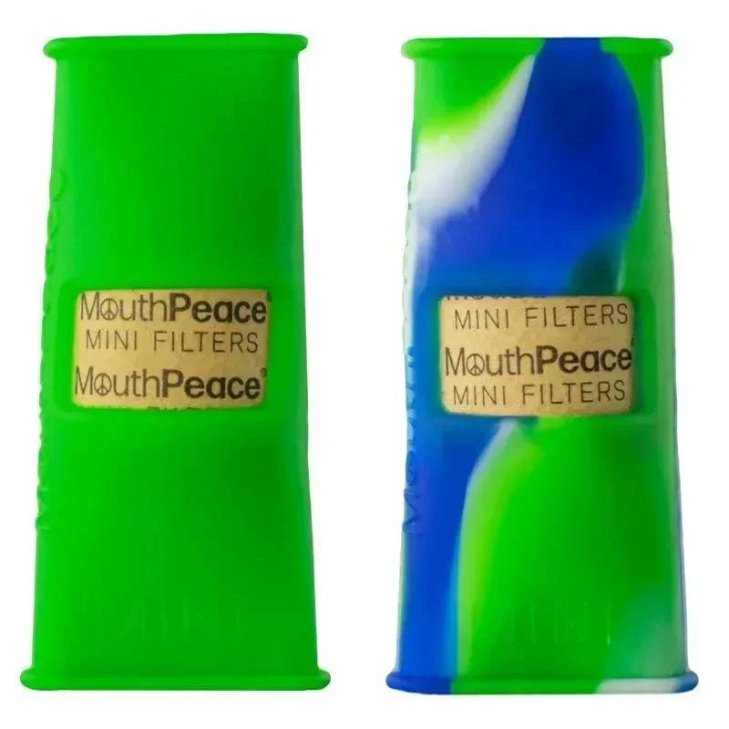 Two silicone MouthPeace mini filters for smoking, one solid green, one blue and green swirl.