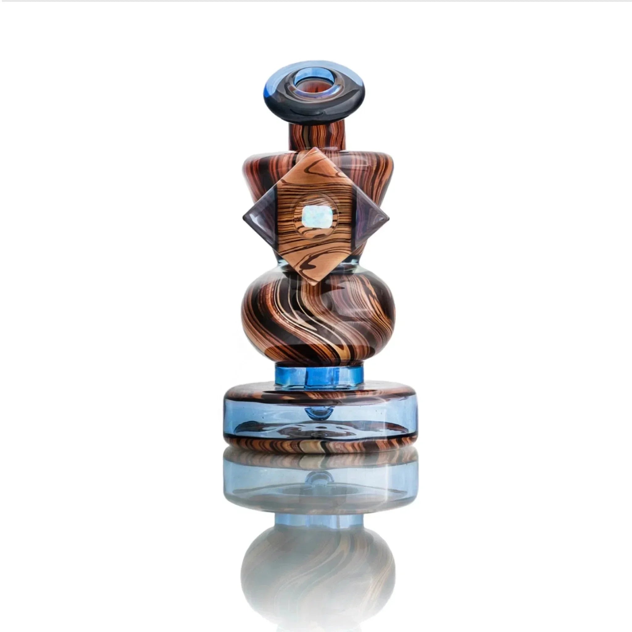 Handblown glass pipe with wood grain swirls, blue accents, and opal inlay, showcasing heady glass artistry.
