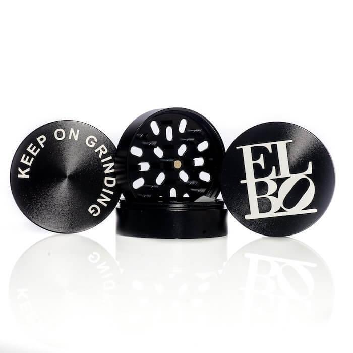 Black ELBO grinder with 'Keep On Grinding' lid, sleek design for herb processing