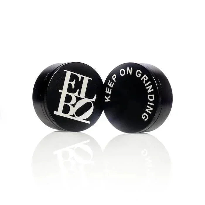 Black Elbo grinder with 'Keep On Grinding' text, sleek design for herb processing