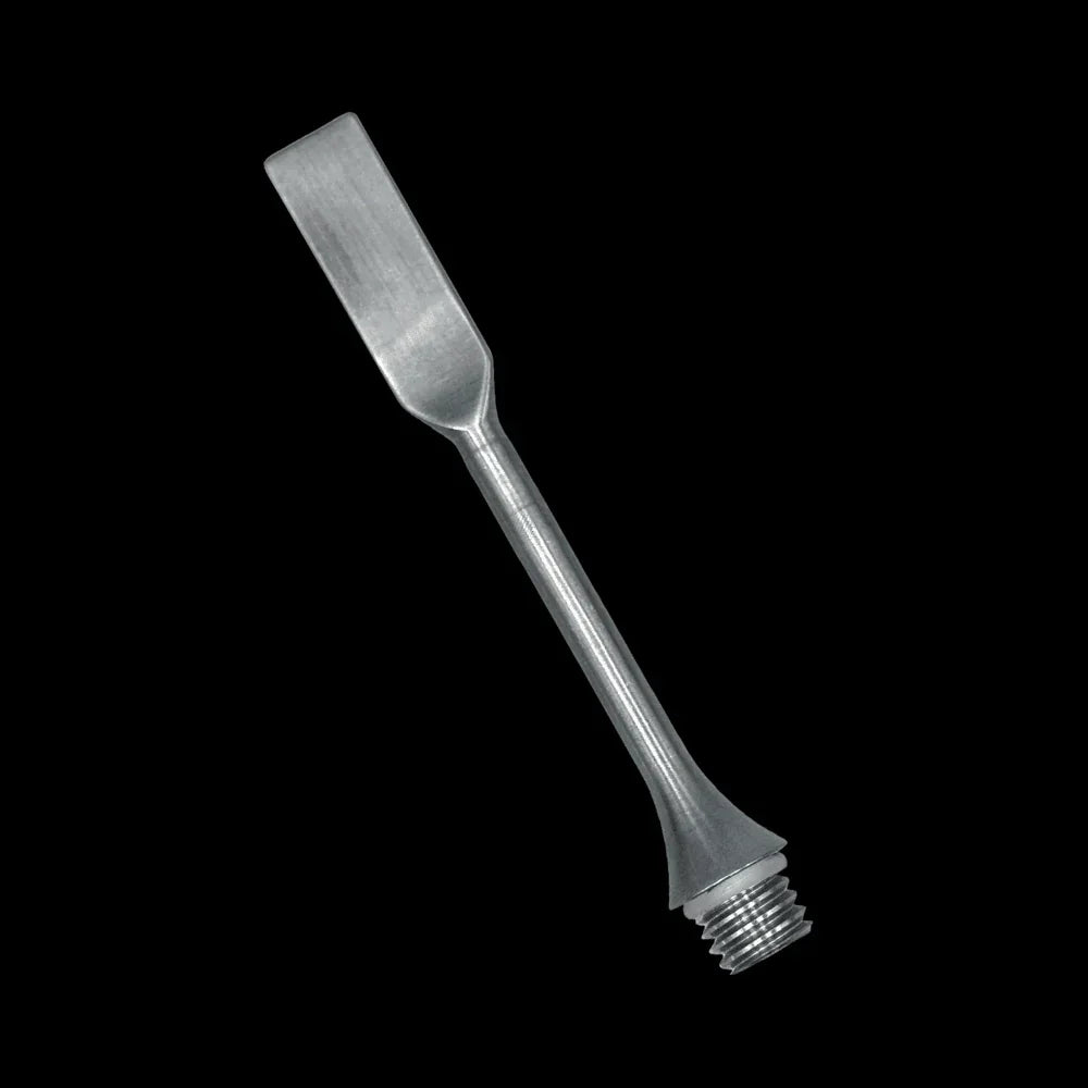 Metal dab tool with flat tip and threaded end on black background