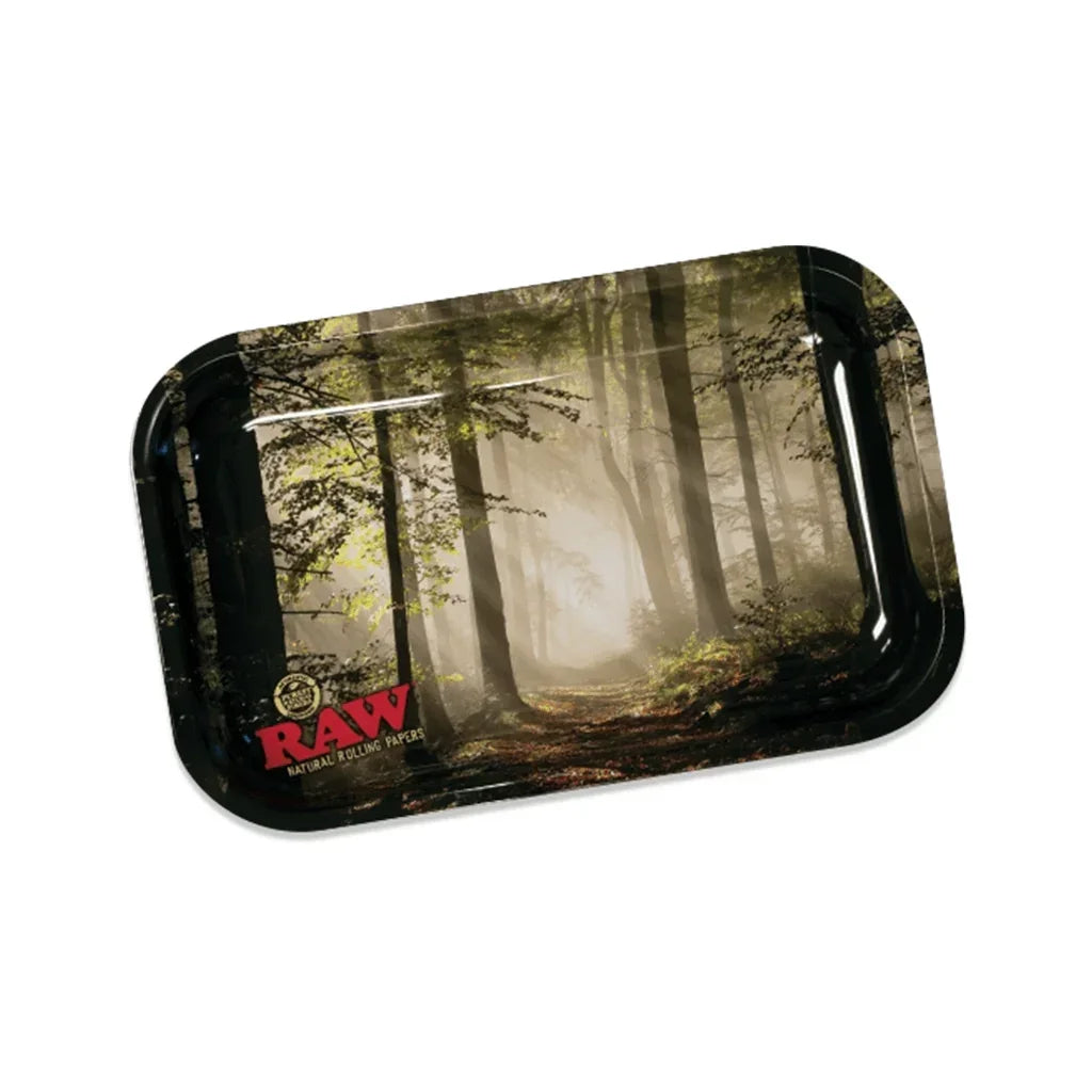 RAW rolling tray with forest scene design and natural rolling papers logo