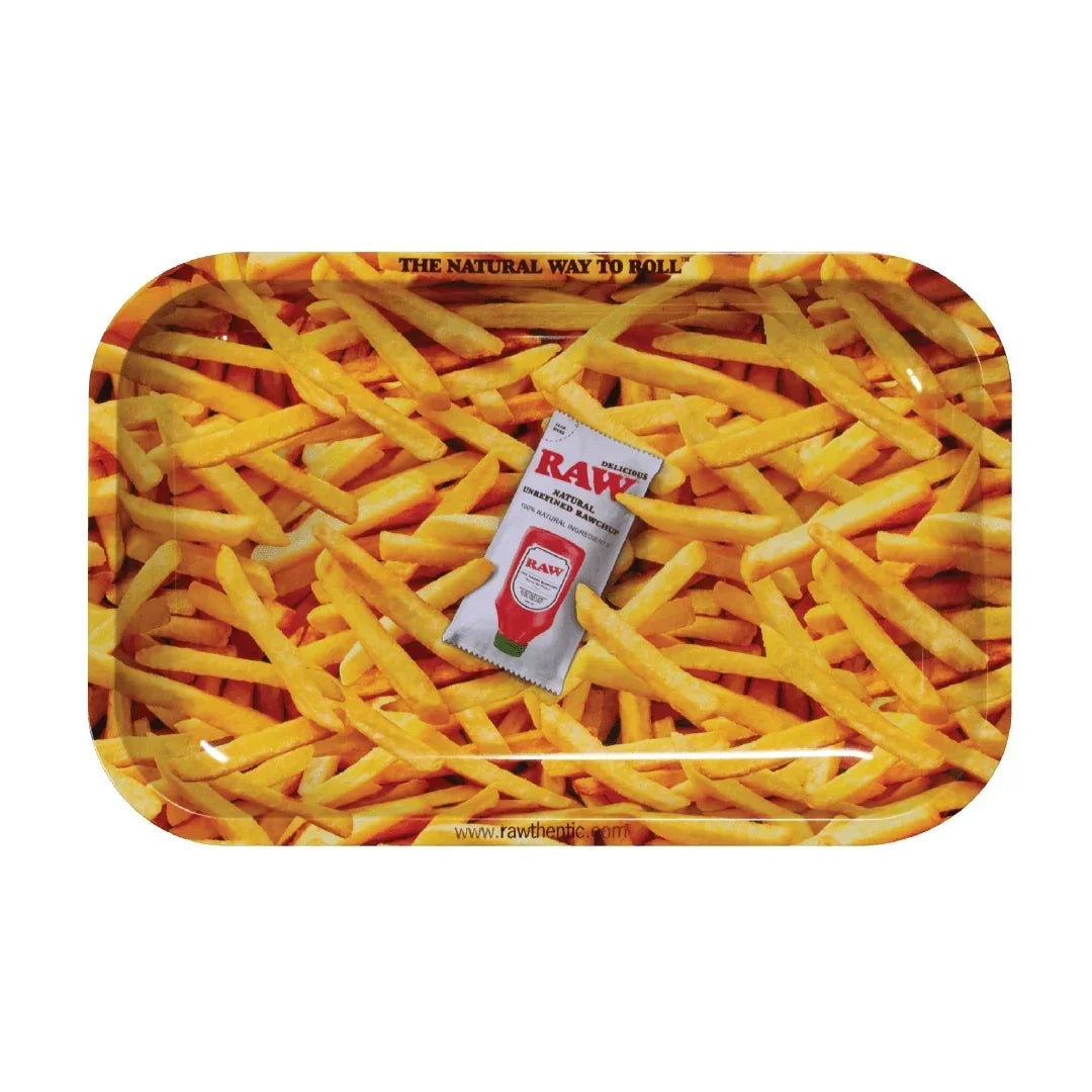 Rolling tray with a realistic French fries design and a RAW ketchup packet graphic in the center