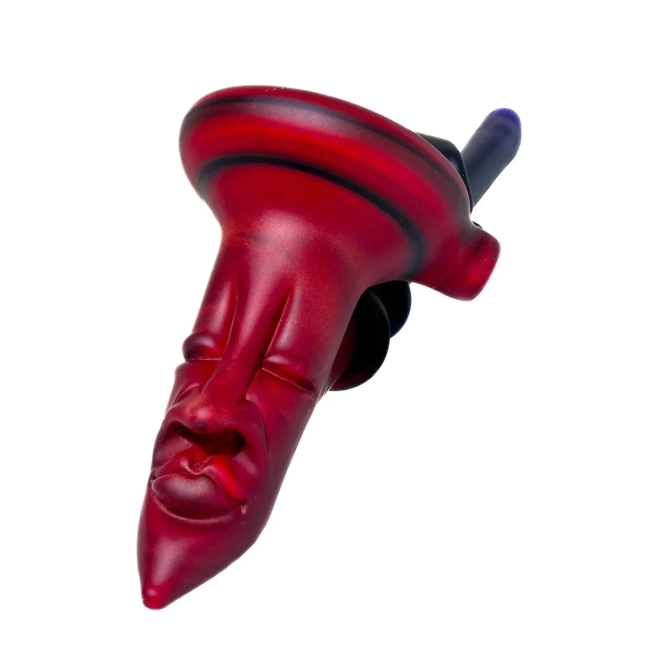 Red glass hand pipe with sculpted face design and black accent details