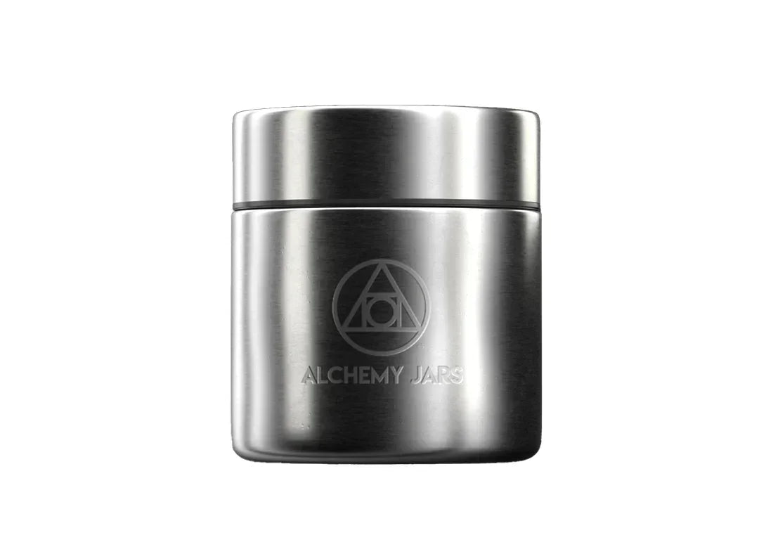 Stainless steel airtight Alchemy Jars container with engraved logo on front, isolated on white