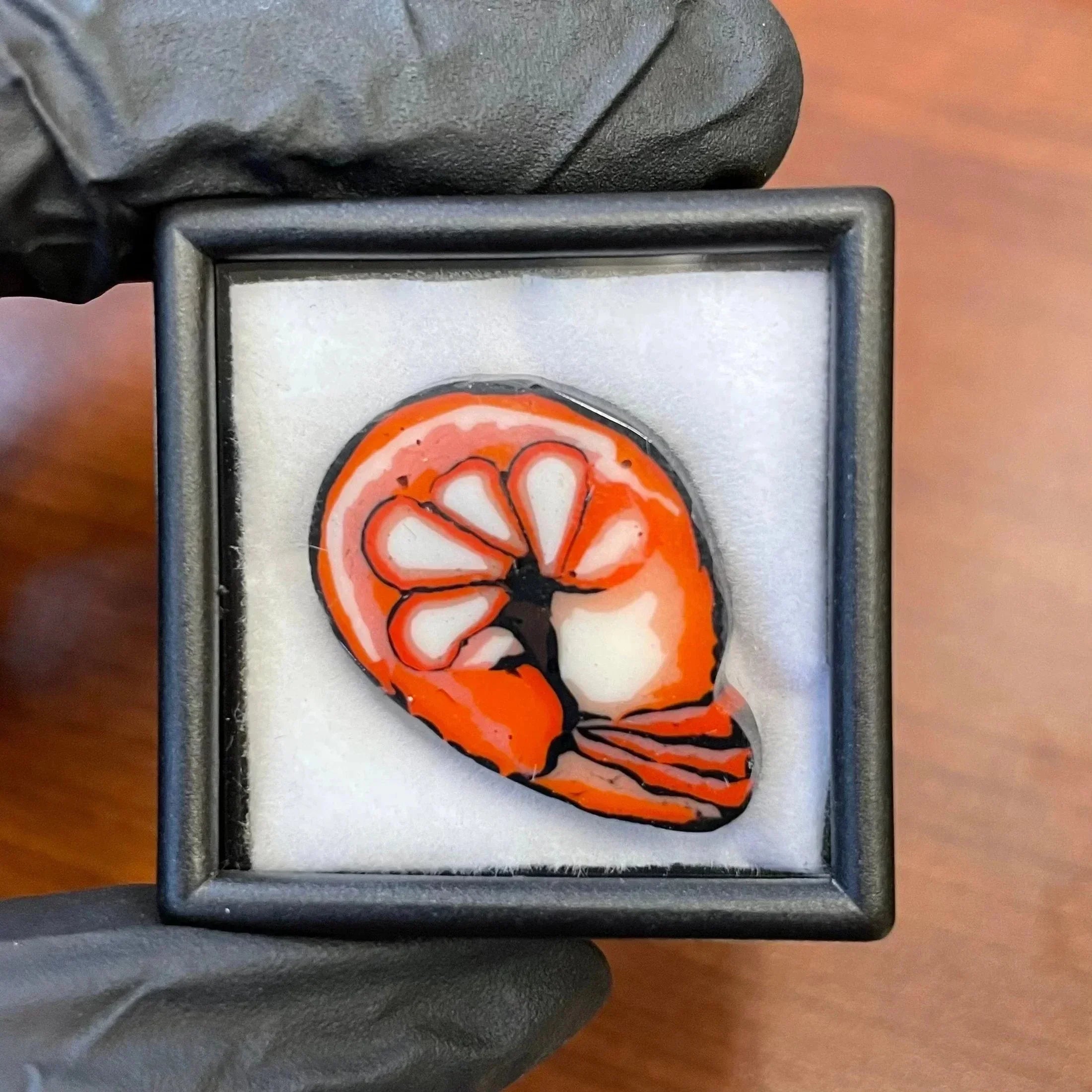 Handcrafted orange glass shrimp pendant in a display box, art glass accessory