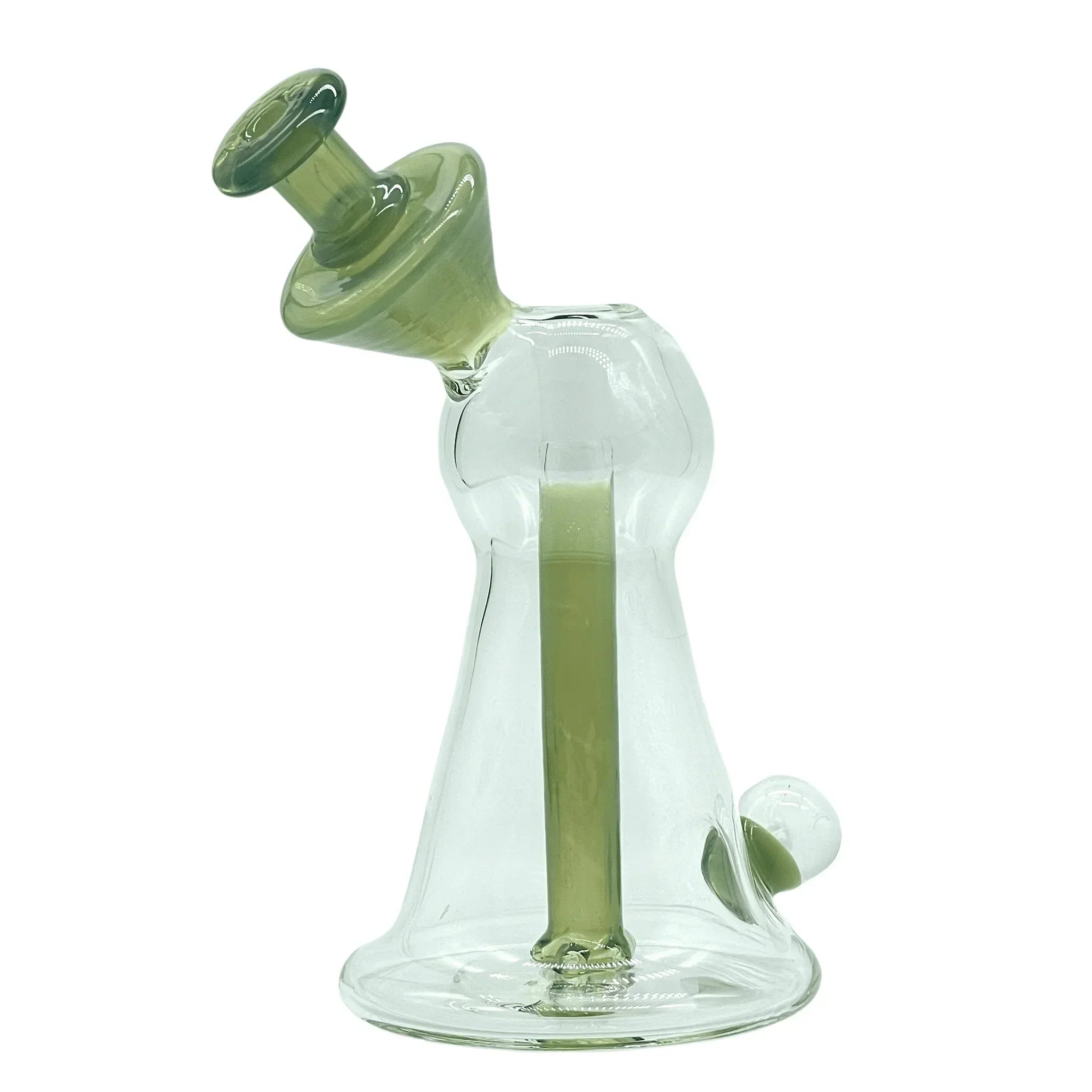 Clear and green glass water pipe with angled neck and wide base on white background