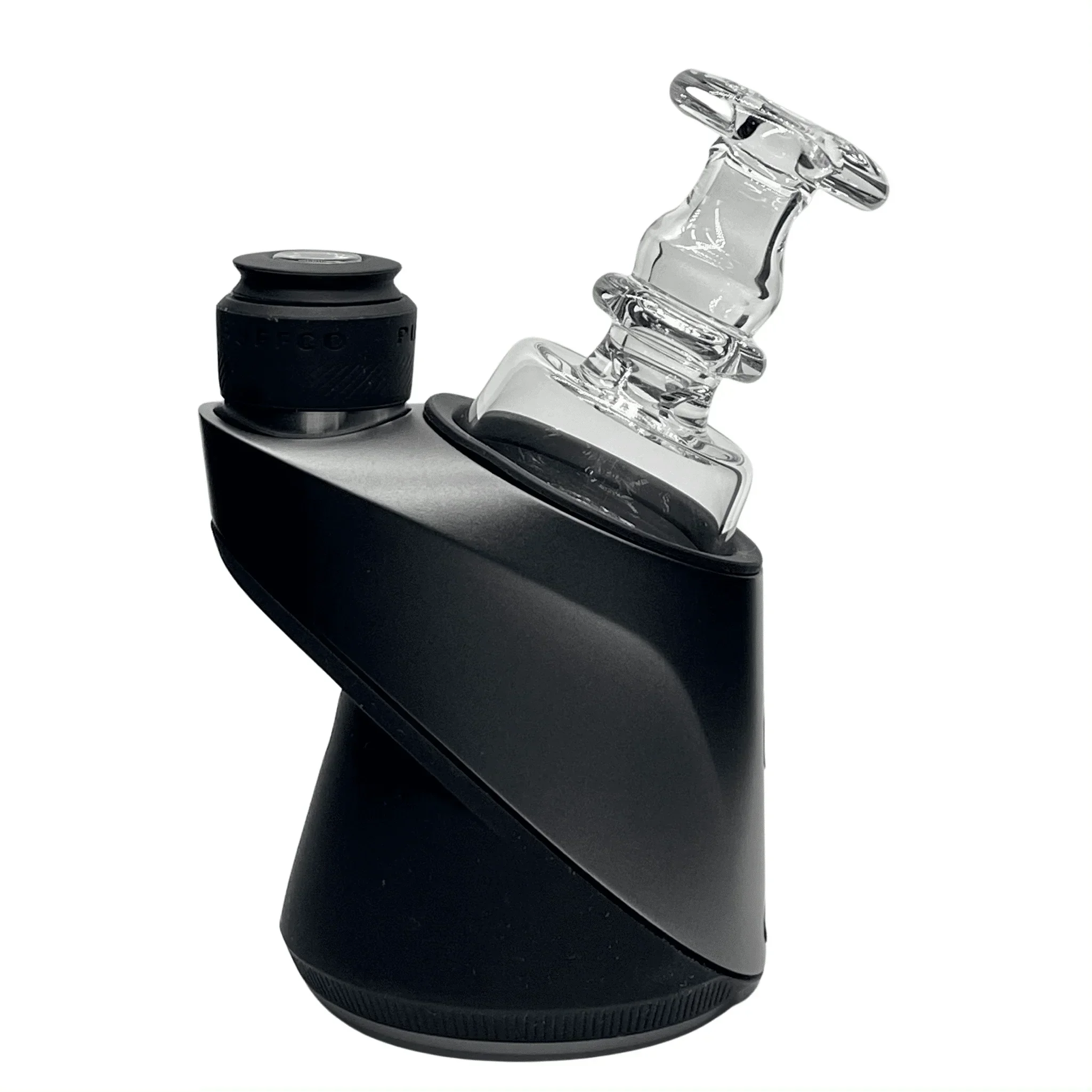 Black Puffco vaporizer with clear glass attachment on white background