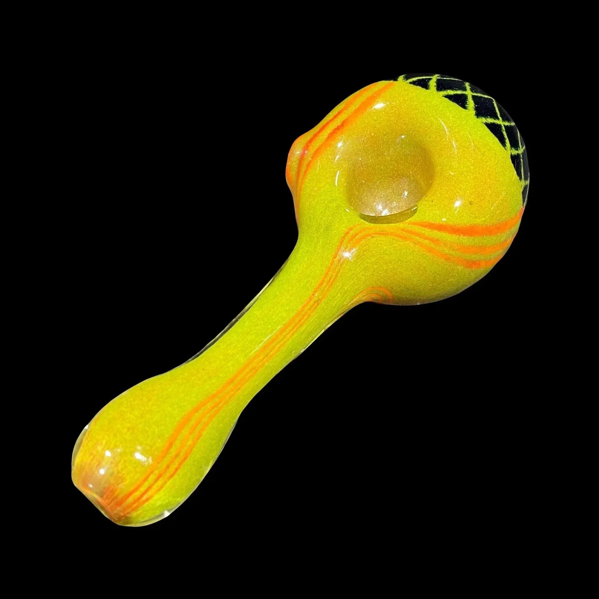 Yellow and orange glass hand pipe with black grid pattern, smoking accessory