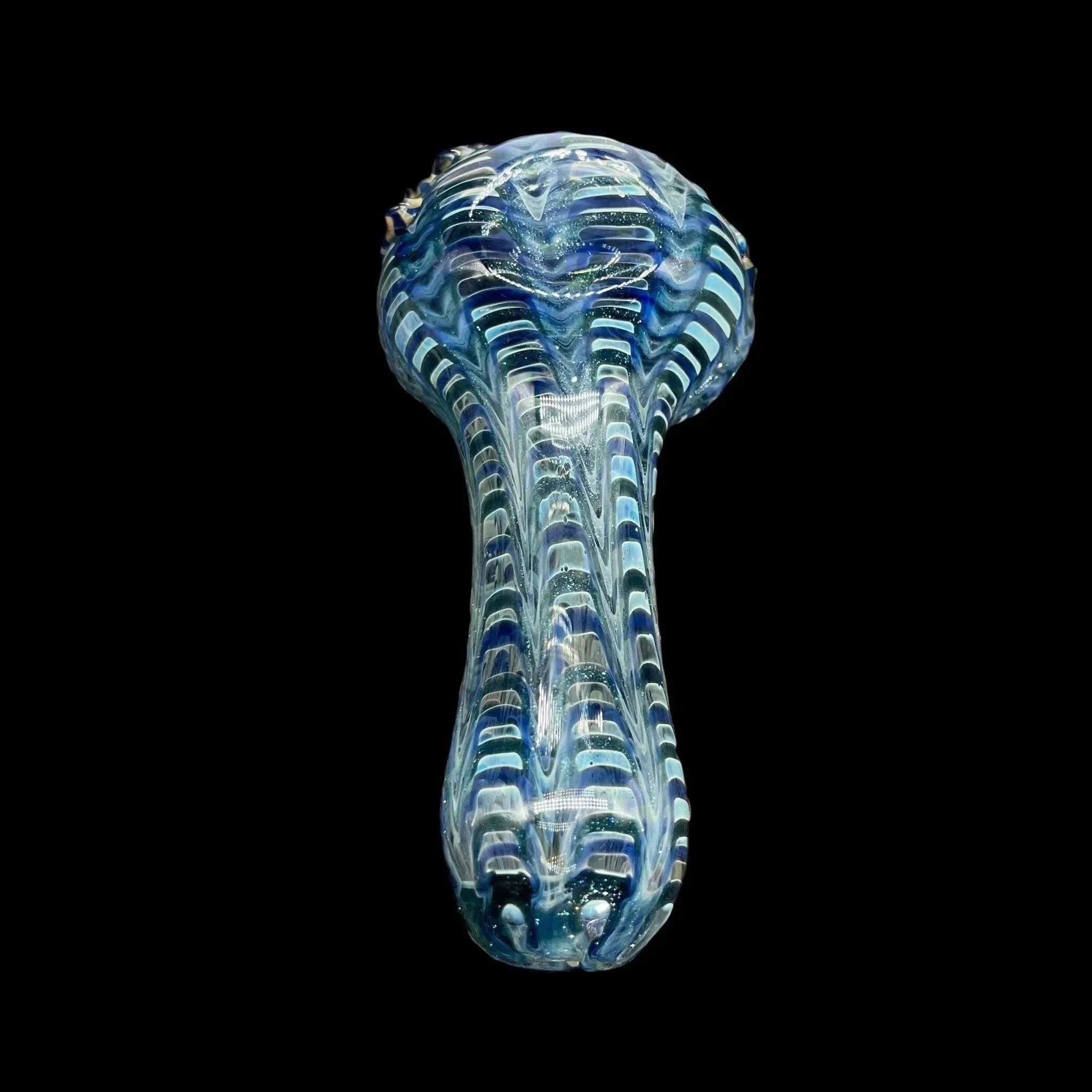 Blue and clear striped glass hand pipe with intricate patterns on a black background