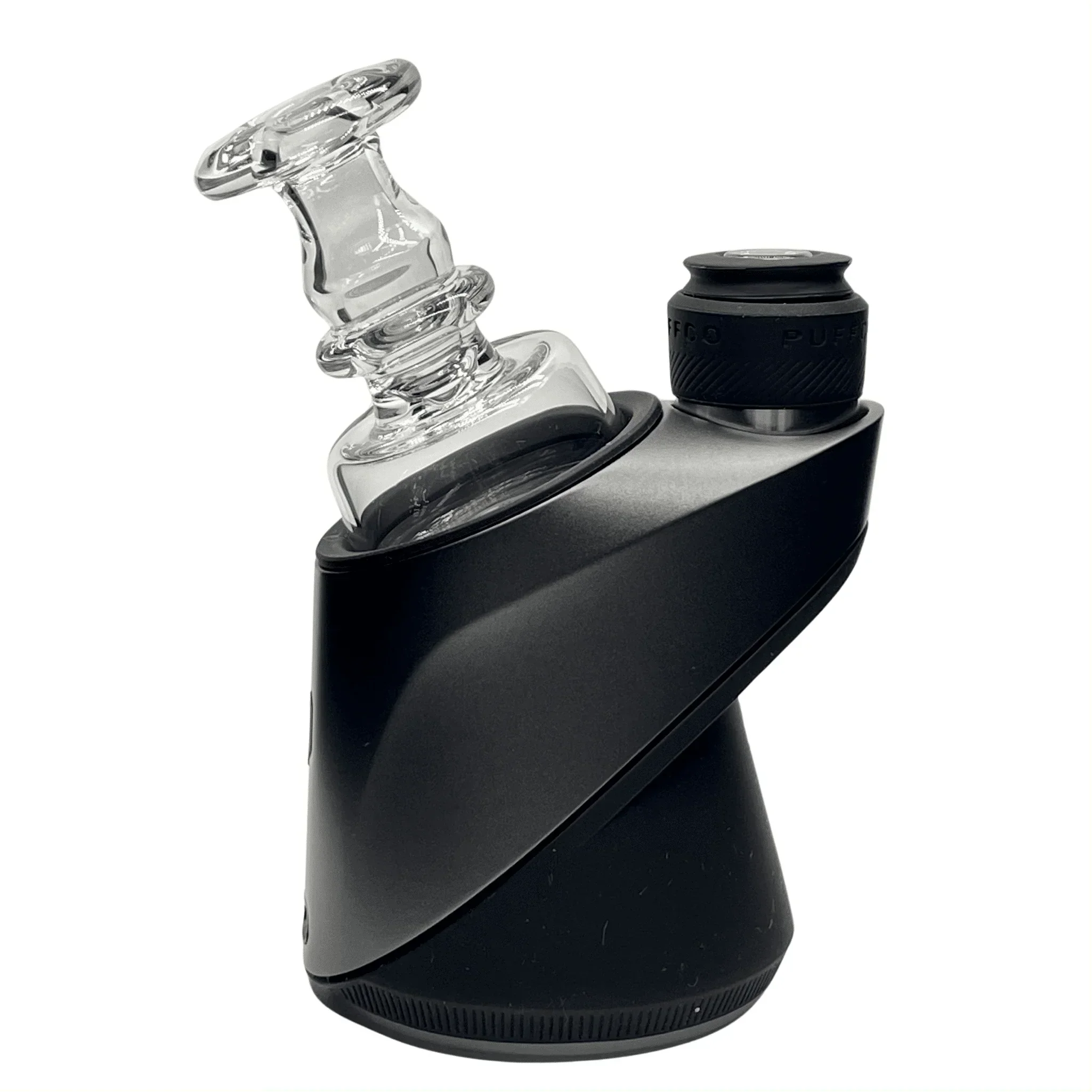 Black electronic vaporizer with clear glass attachment on white background