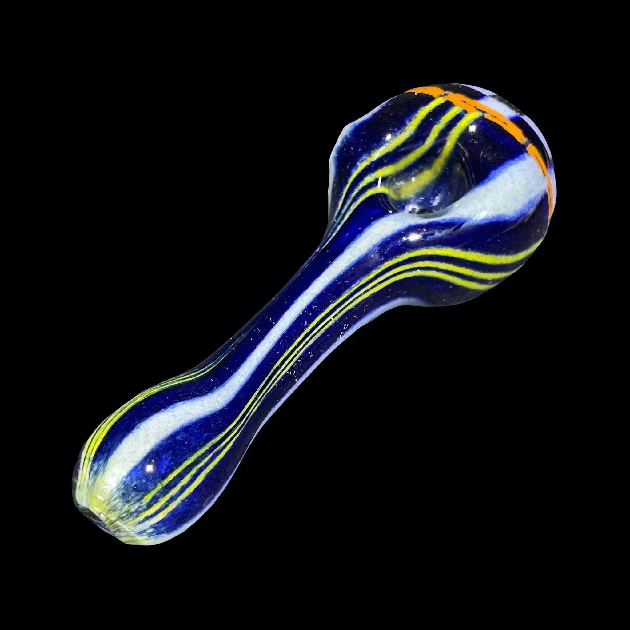 Colorful glass hand pipe with blue, yellow, white, and orange swirl stripes on black background