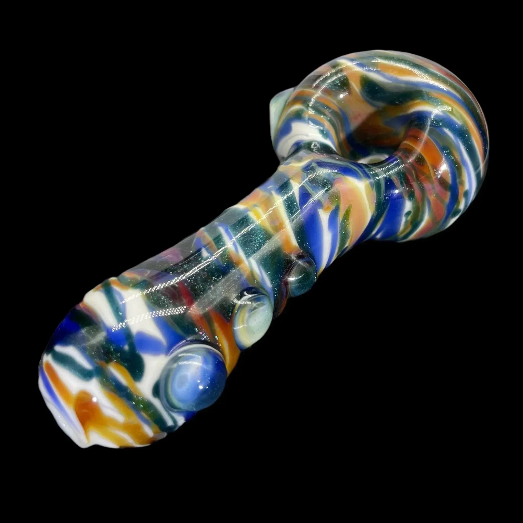Colorful hand-blown glass pipe with vibrant swirls and clear marble accents on black background