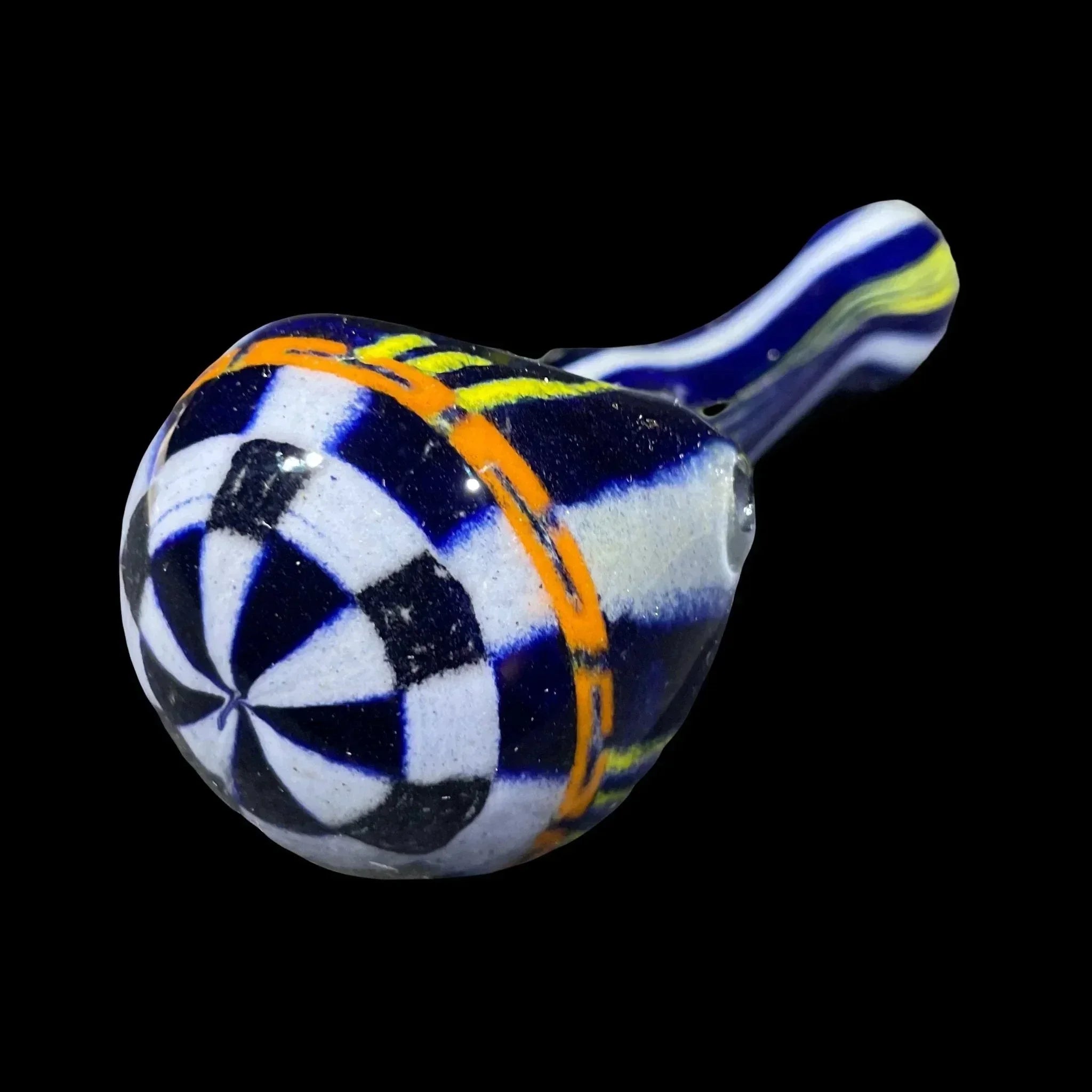 Hand-blown glass pipe with blue, white, yellow, and orange swirl pattern on black background