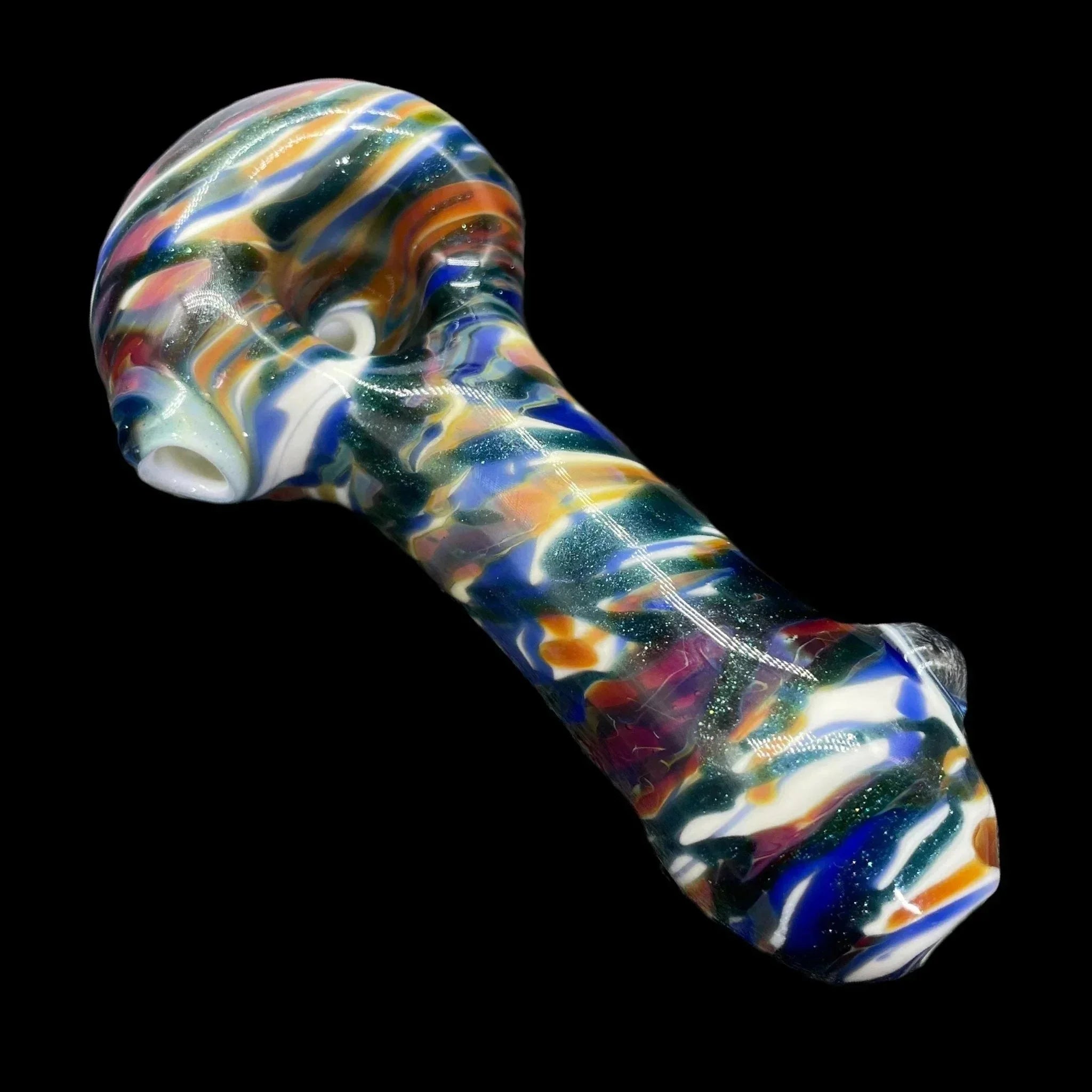 Colorful handblown glass pipe with swirling multicolor patterns on a black background