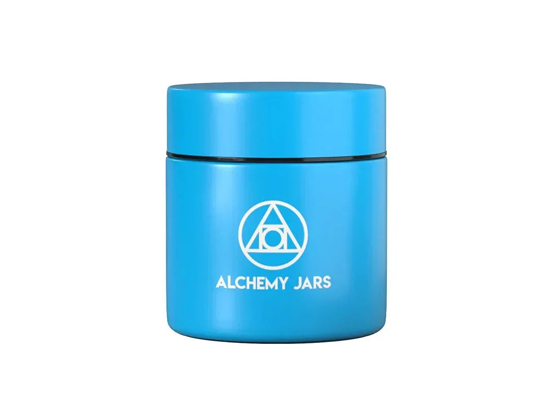 Blue airtight storage container with Alchemy Jars logo and text on a white background