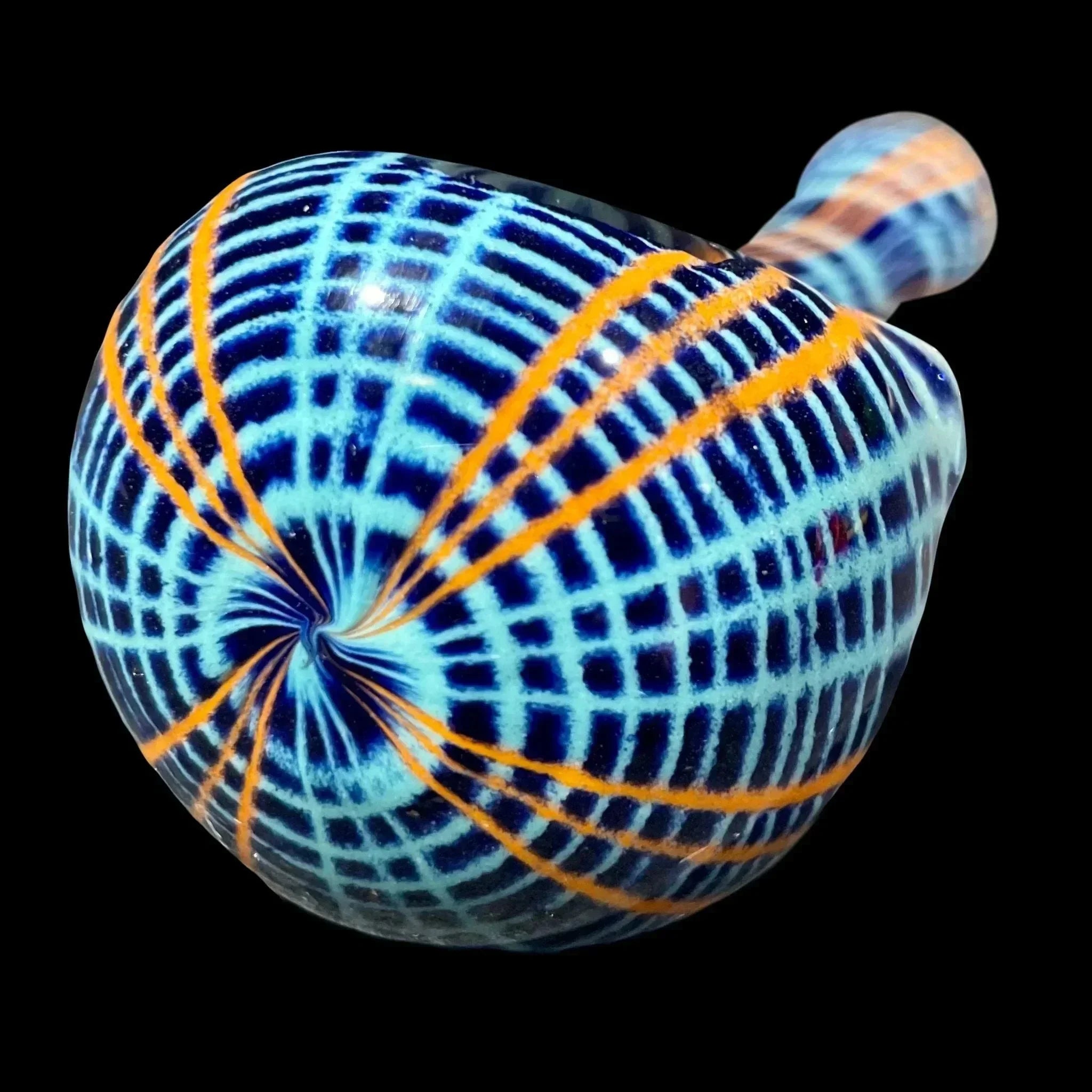 Colorful hand-blown glass pipe with blue grid and orange swirl pattern on black background.