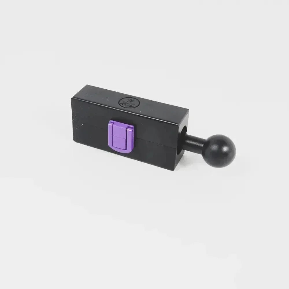 Black and purple smoking pipe with rectangular body and round handle on white background