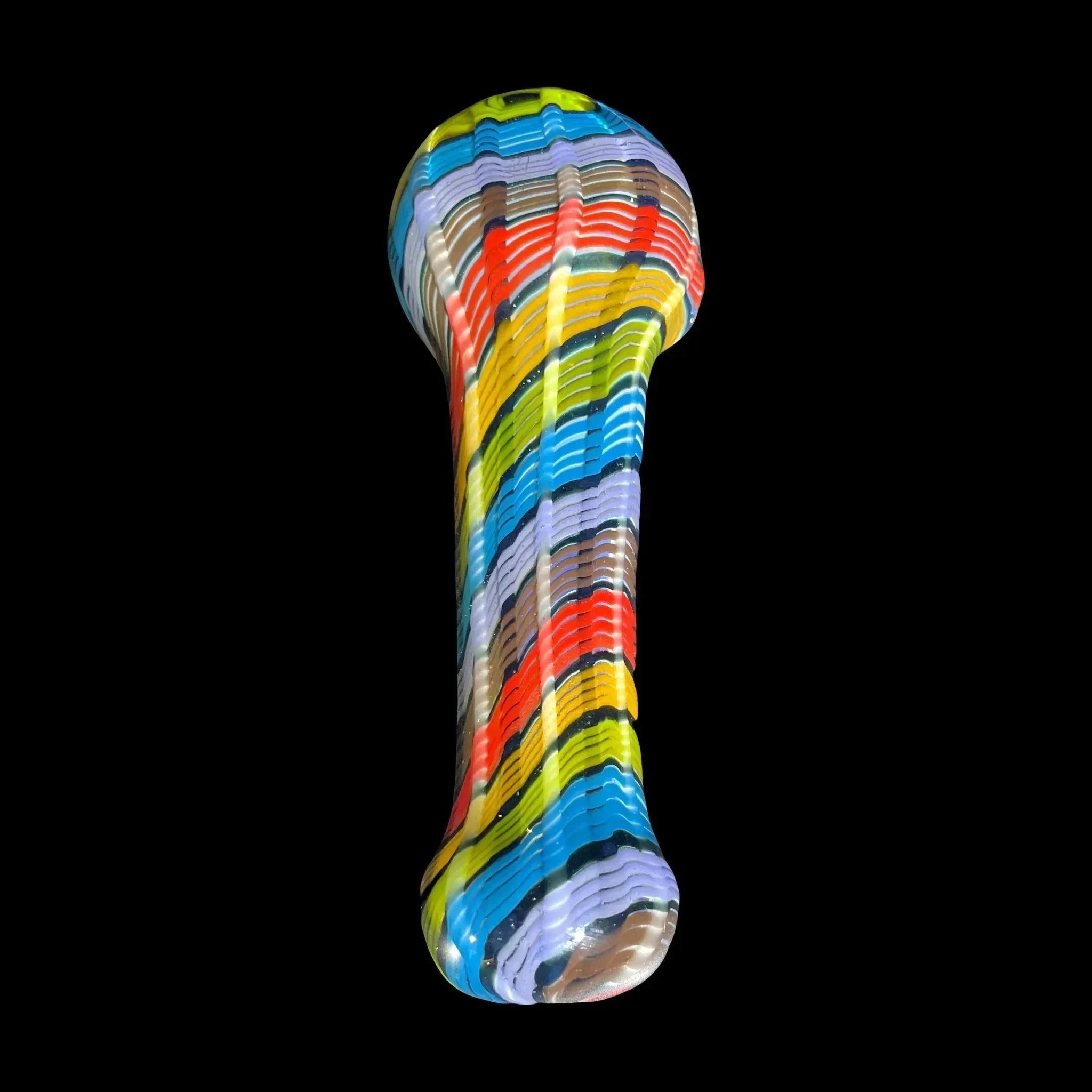 Colorful striped hand-blown glass pipe with vibrant patterns on black background