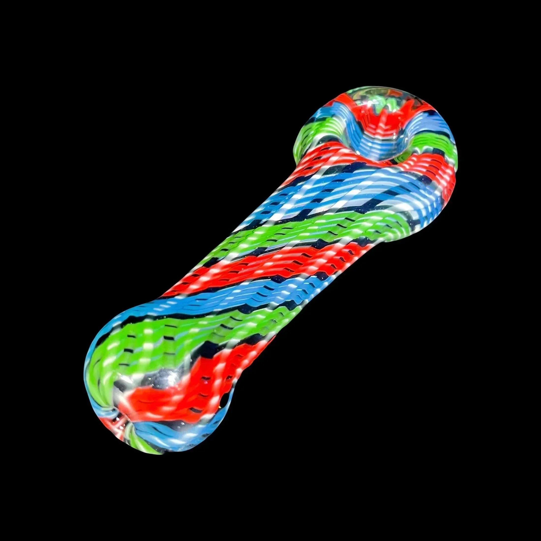 Colorful hand-blown glass pipe with red, blue, and green swirl design on black background
