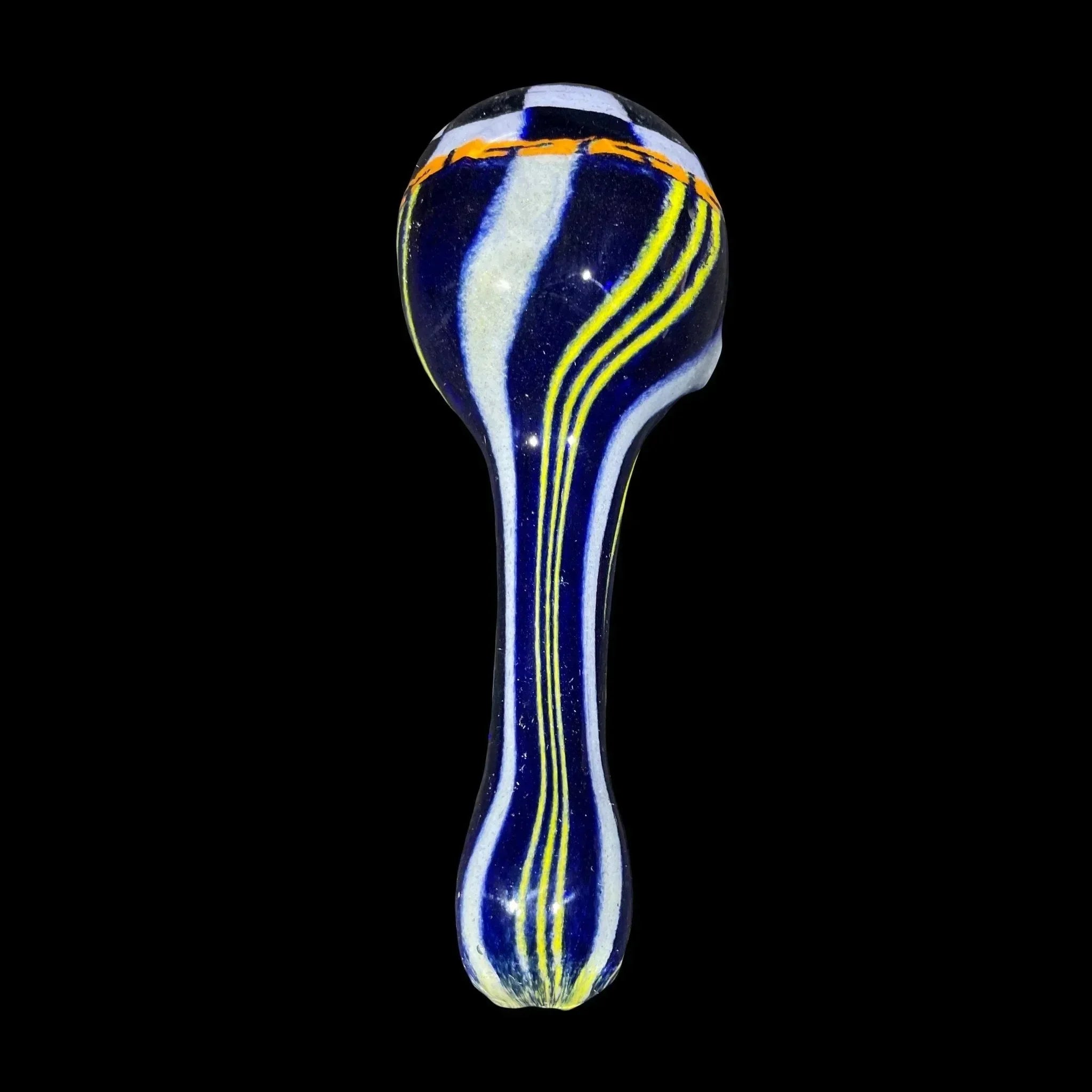 Colorful glass hand pipe with blue, yellow, and white stripes on a black background