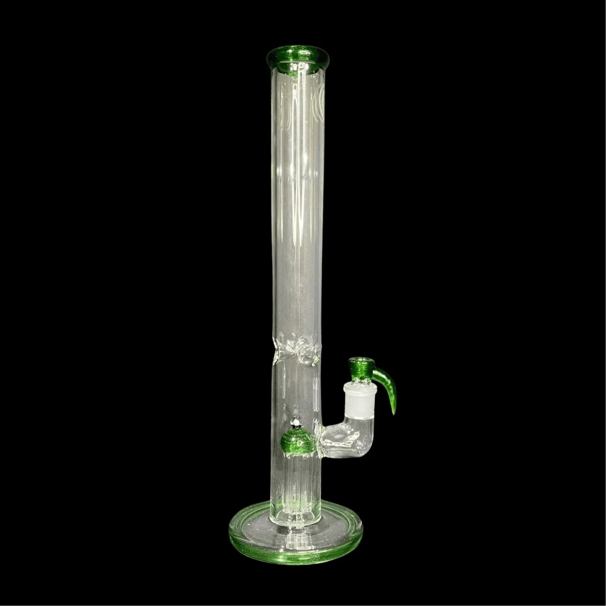 Clear glass water pipe with green accents and straight tube design on black background