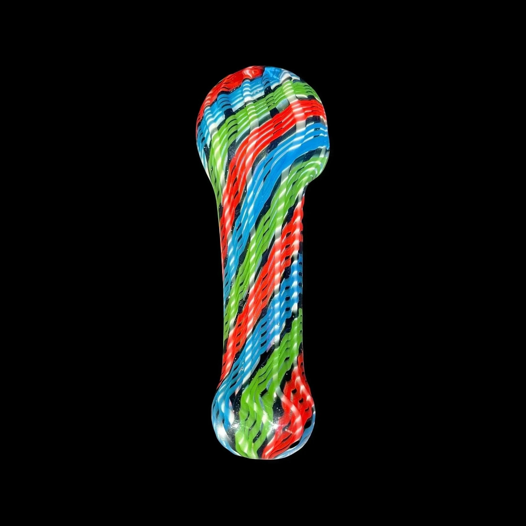 Colorful striped glass hand pipe with red, blue, and green swirls on a black background