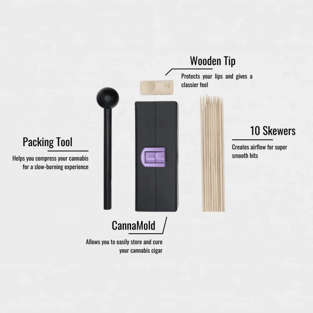 CannaMold kit with packing tool, wooden tip, 10 skewers, and storage mold for cannabis cigars