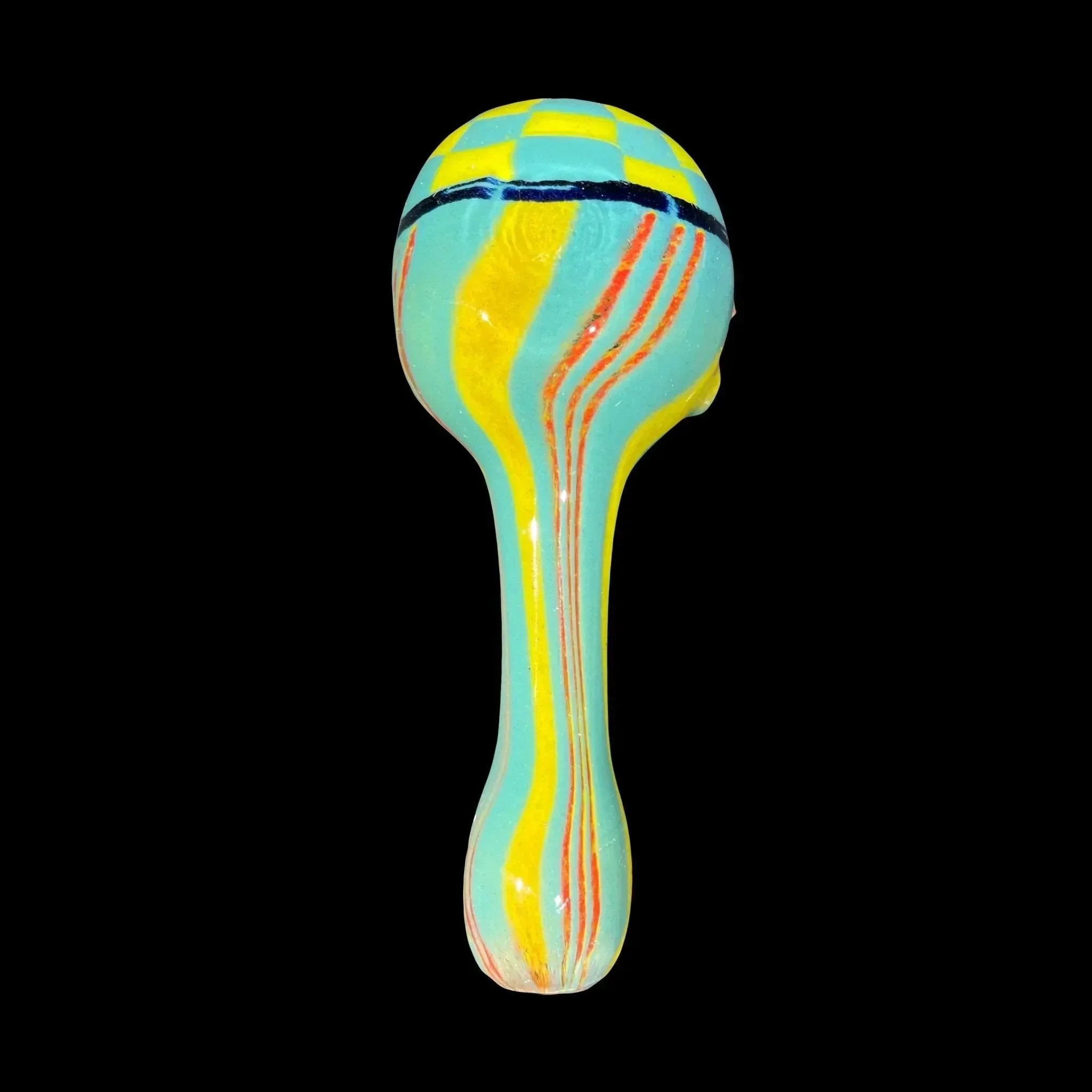 Colorful glass hand pipe with blue, yellow, and red striped design on black background