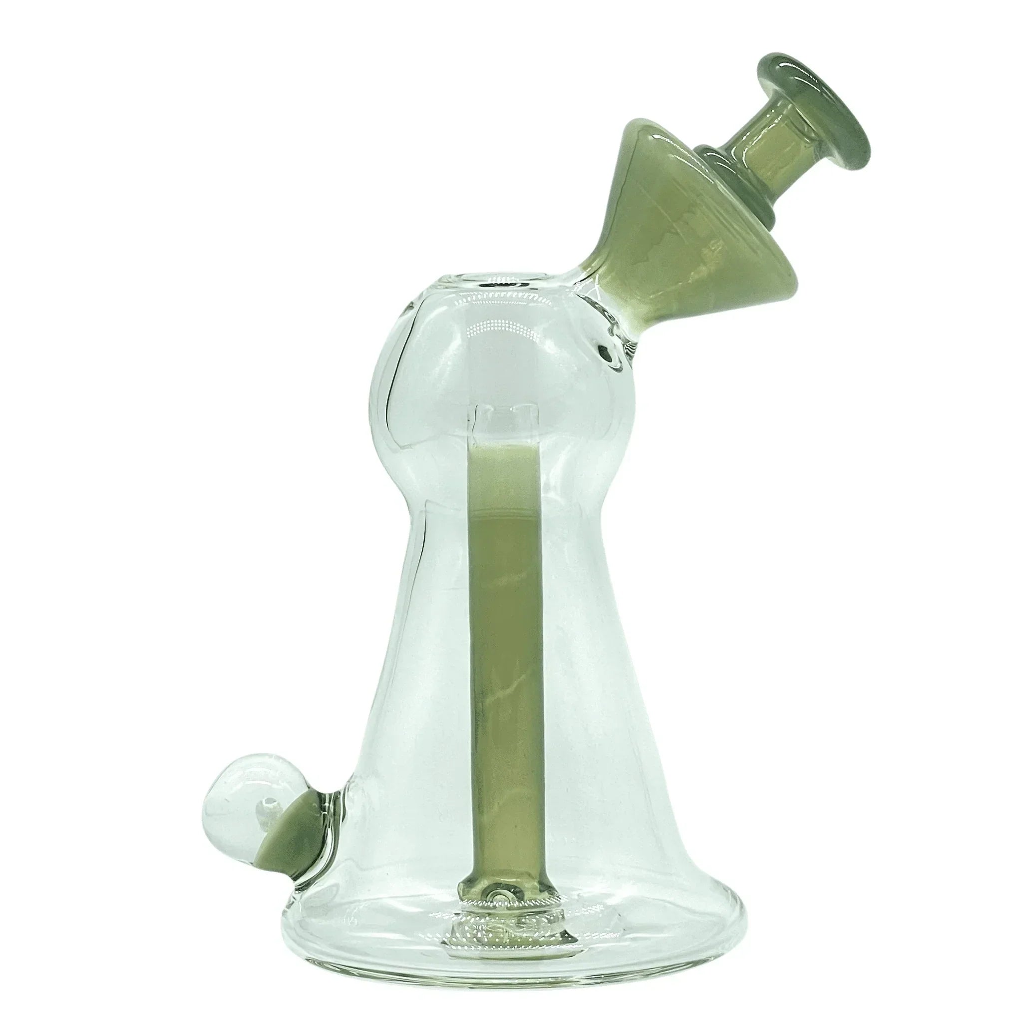 Clear glass water pipe with green accents and a slanted neck on white background