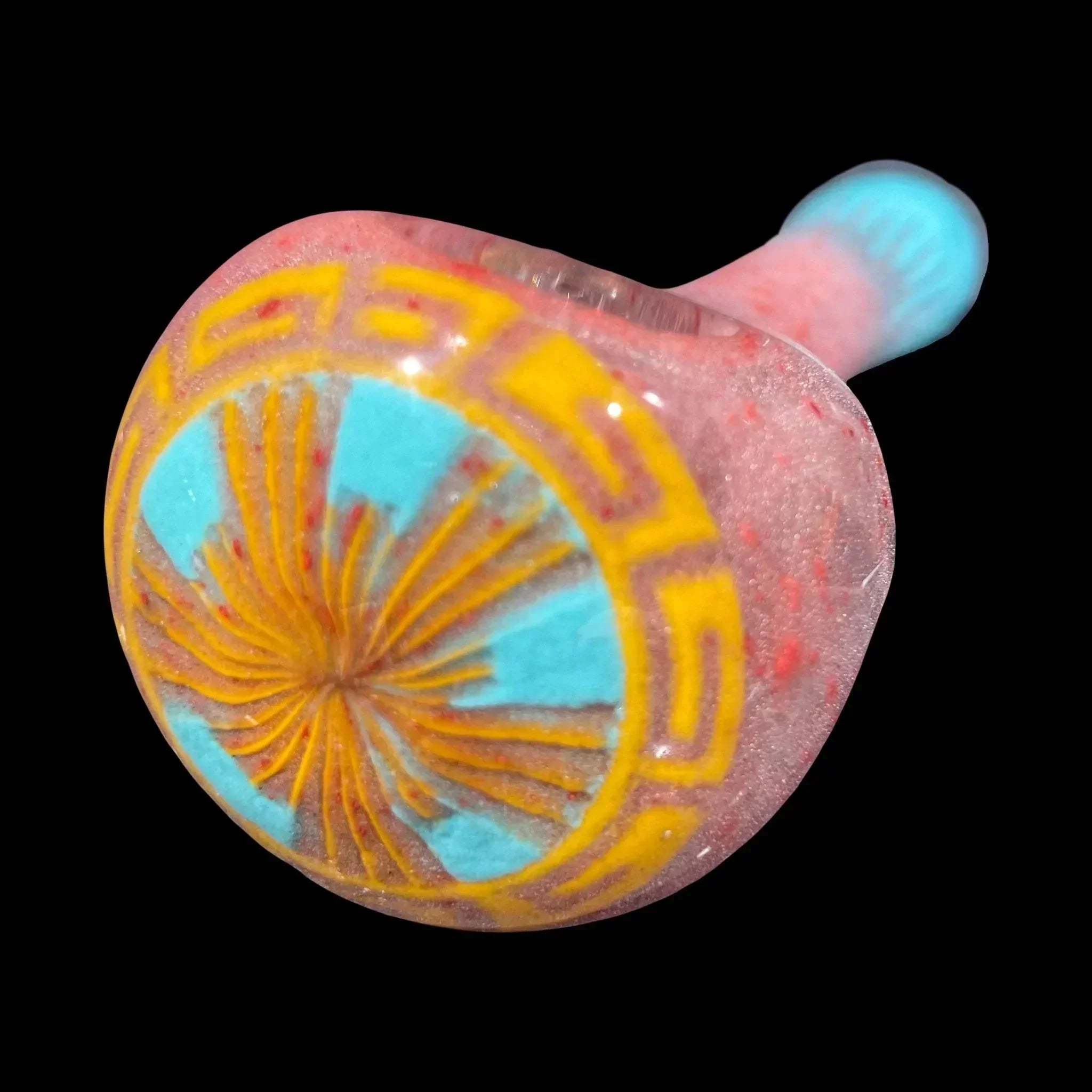 Colorful glass hand pipe with intricate yellow, blue, and orange pattern on bowl