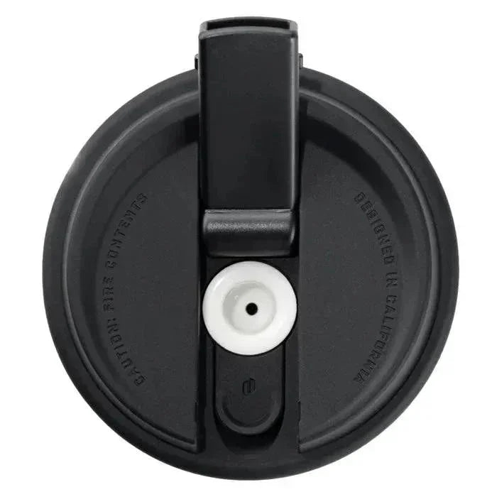 Black insulated travel mug lid with flip-top closure and white silicone seal
