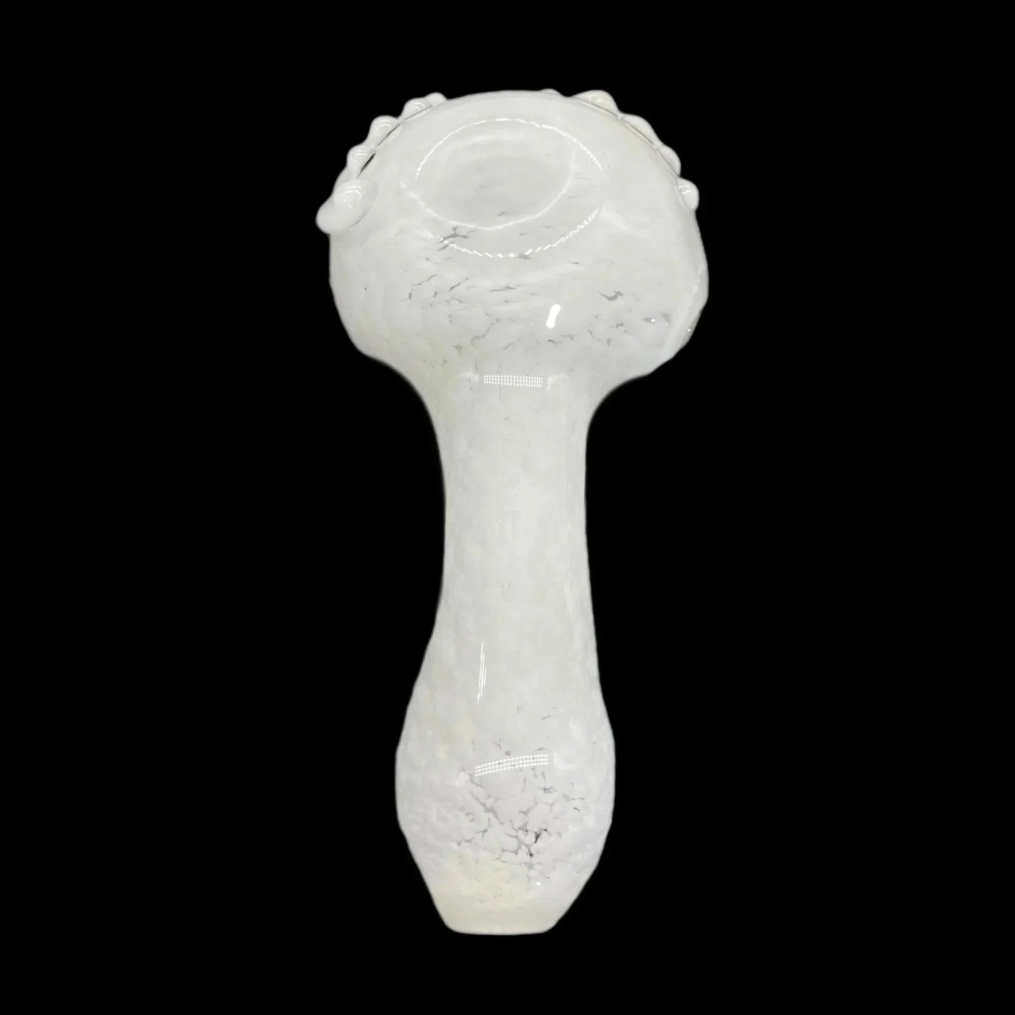 White glass hand pipe with marbled texture and raised accents on bowl, black background
