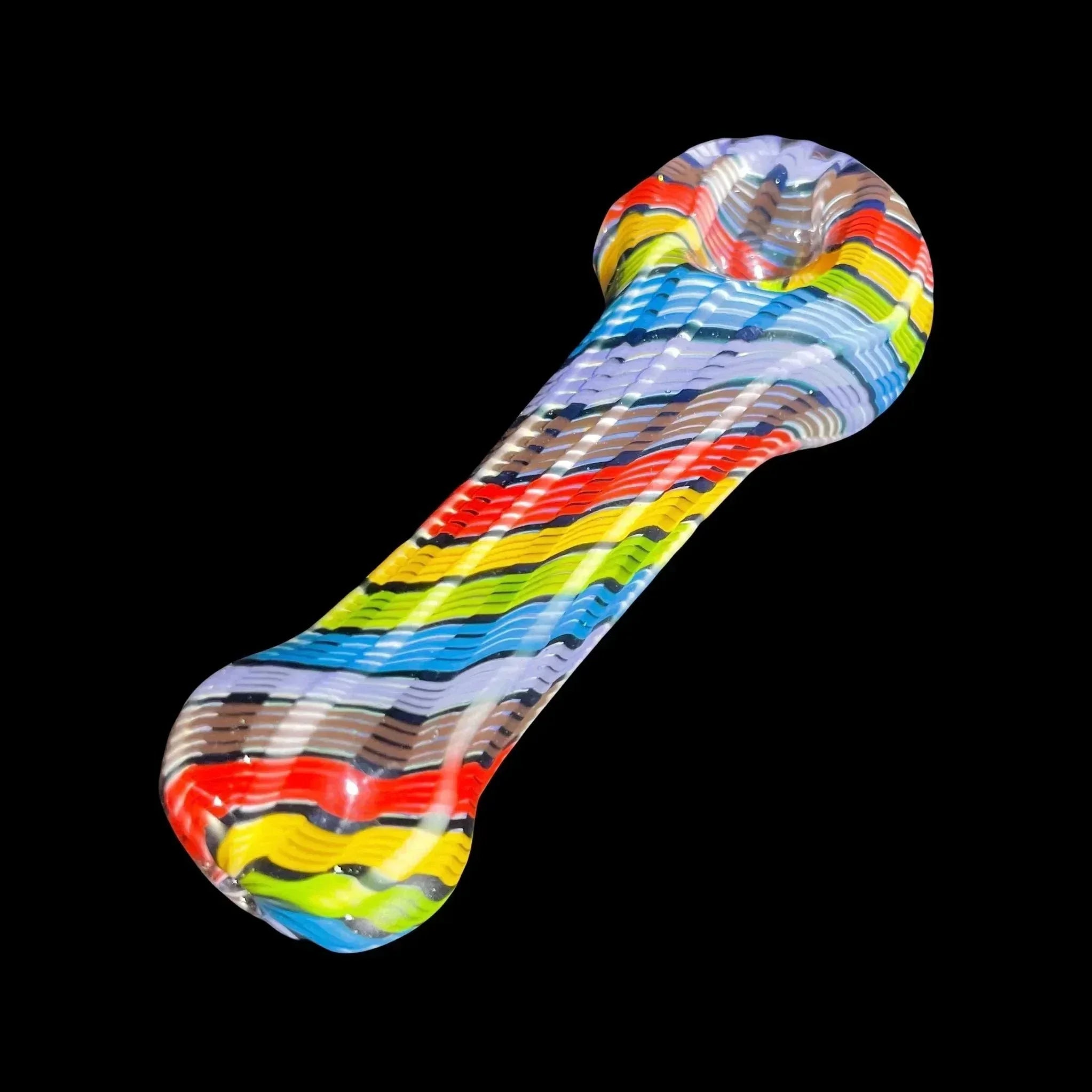 Colorful hand-blown glass pipe with rainbow stripes on a black background