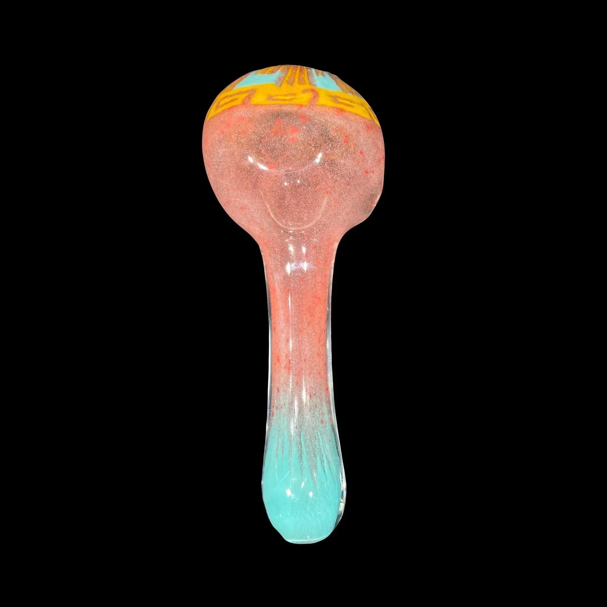 Colorful glass hand pipe with red, yellow, and blue accents on black background