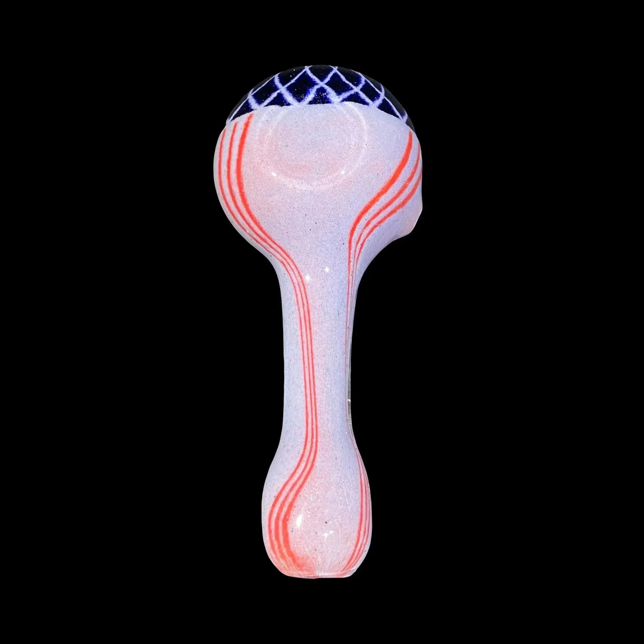 Colorful glass hand pipe with red stripes and blue lattice bowl on black background