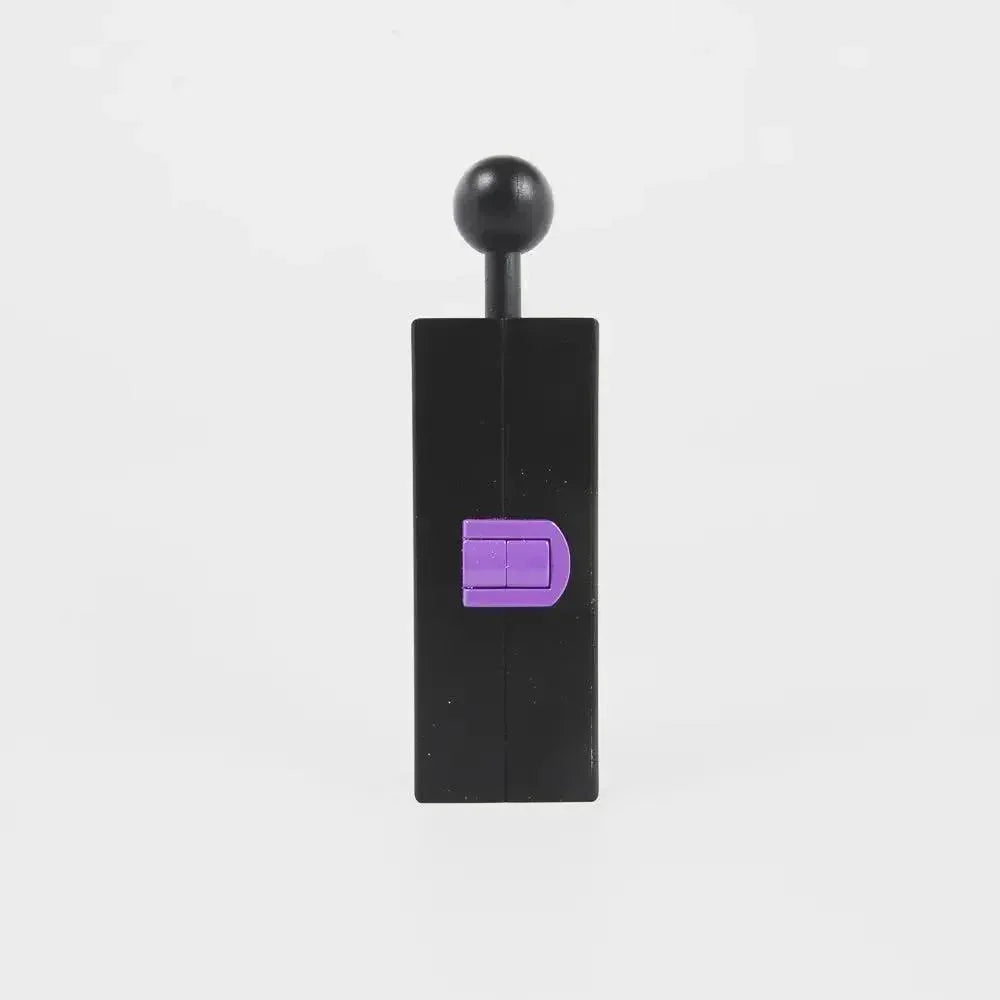 Black rectangular smoking accessory with purple slide and top handle on white background