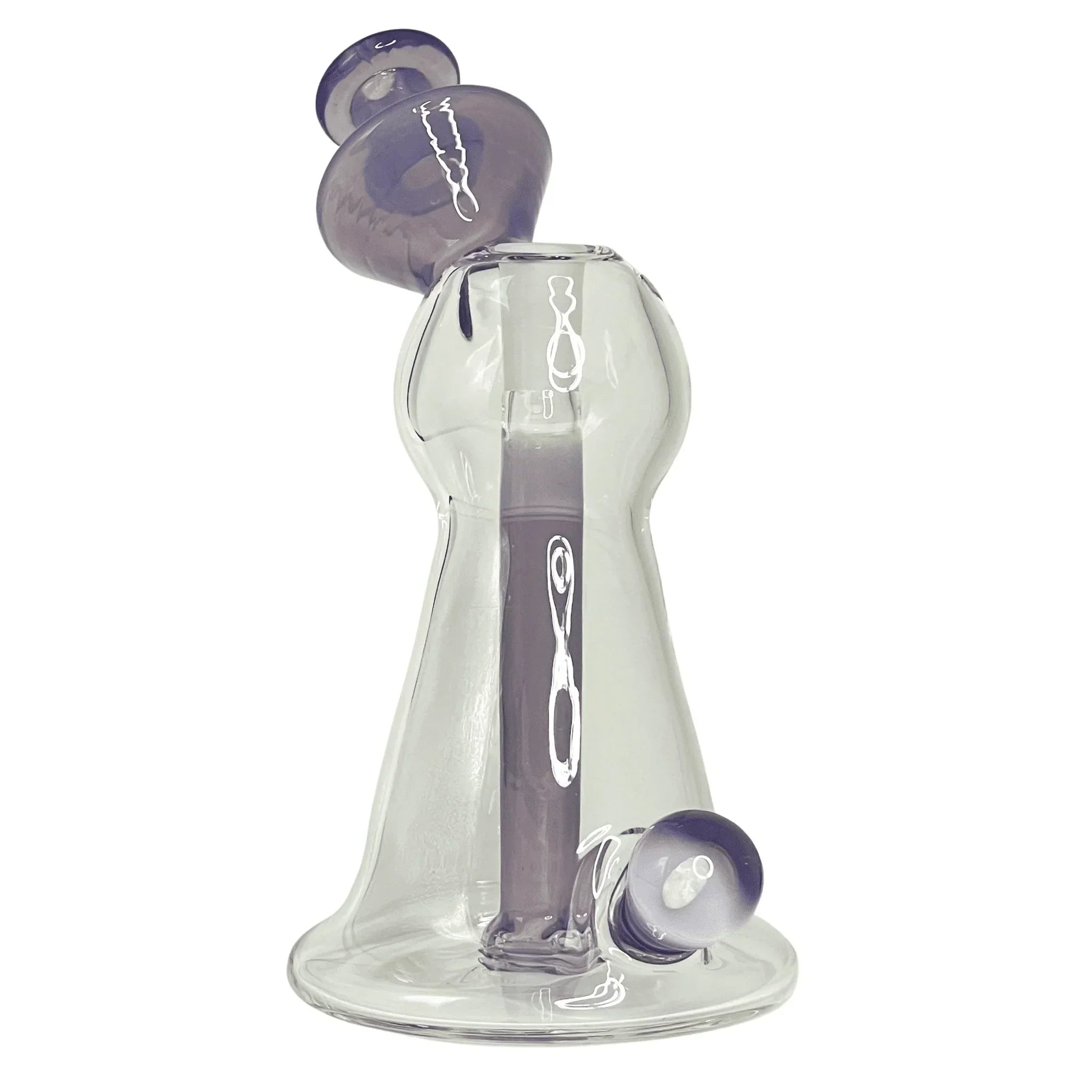 Clear and purple glass water pipe with unique angled mouthpiece and rounded base