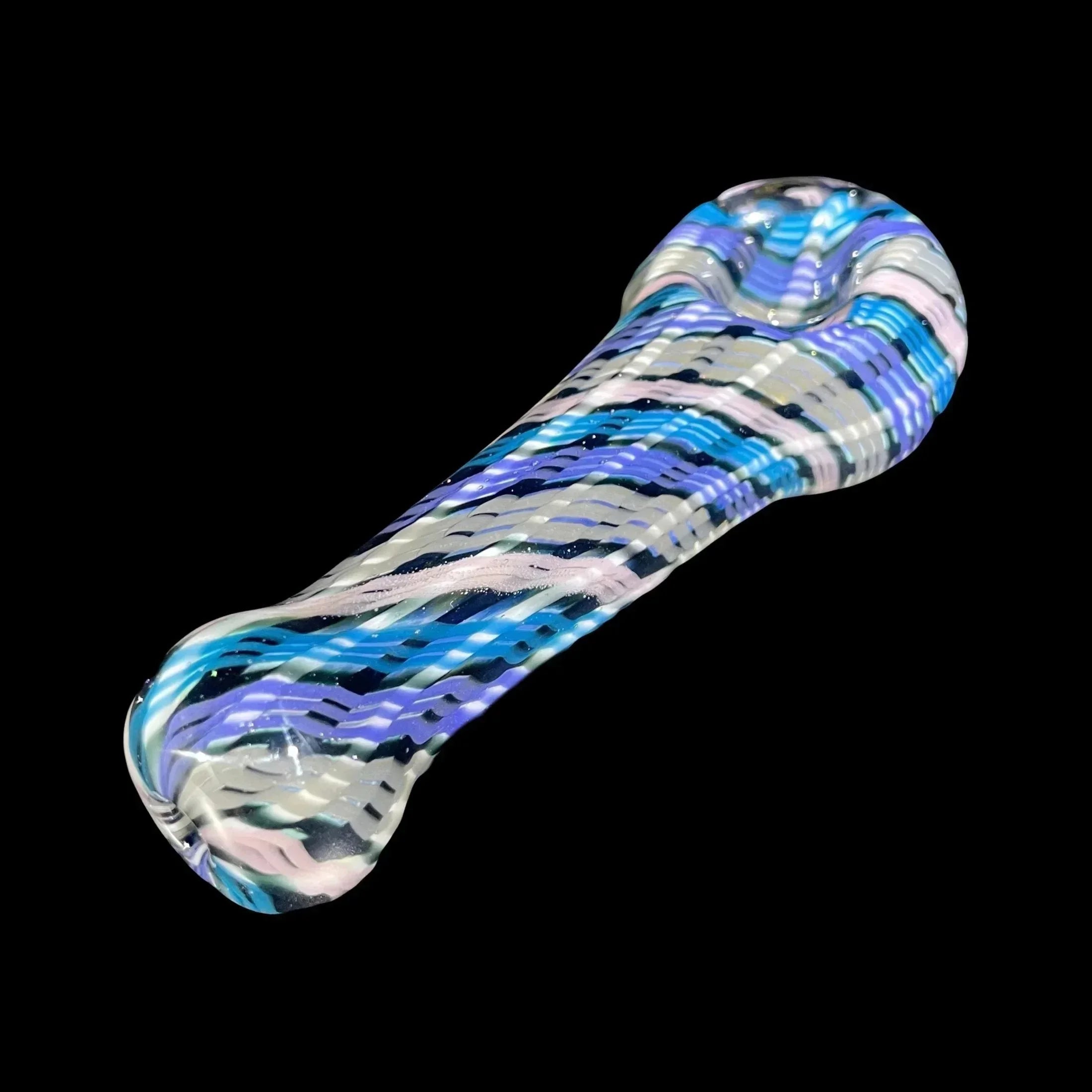 Colorful glass hand pipe with twisting blue, purple, and white patterns on black background