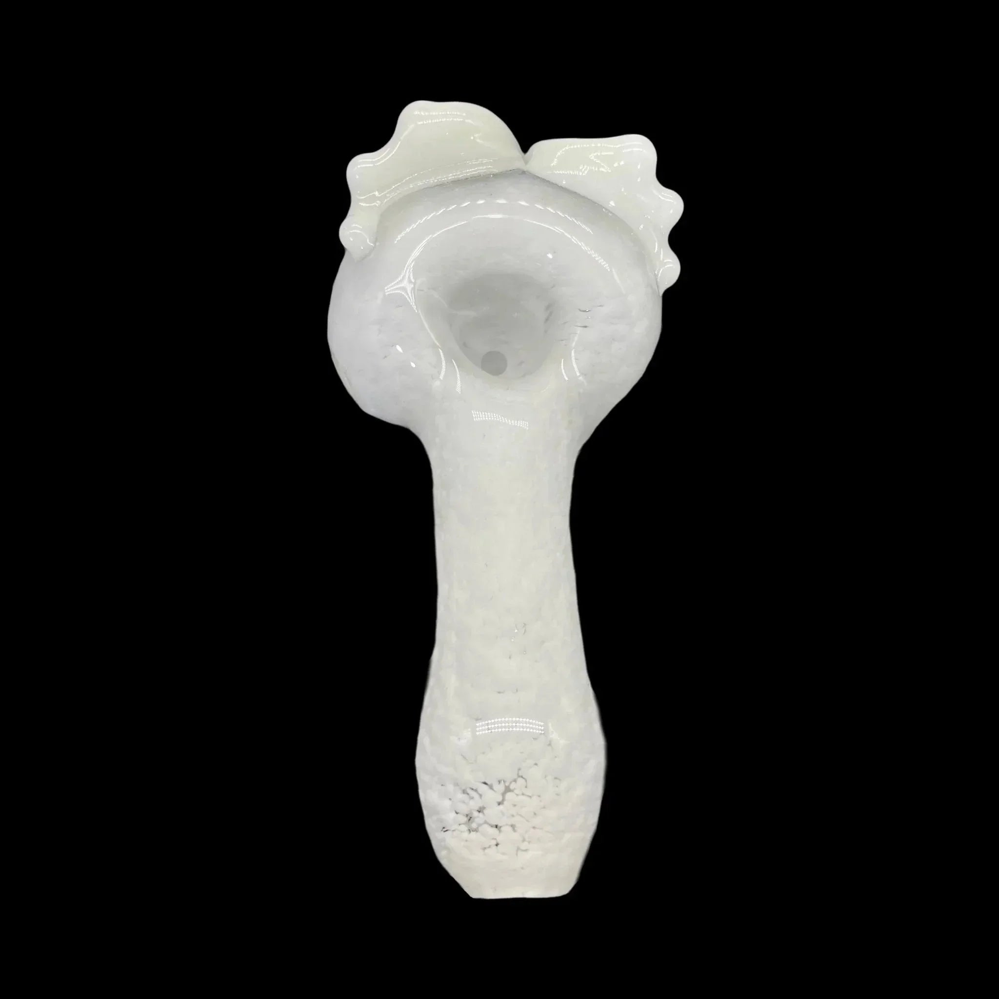 White glass hand pipe with ruffled edge, smoking accessory on black background