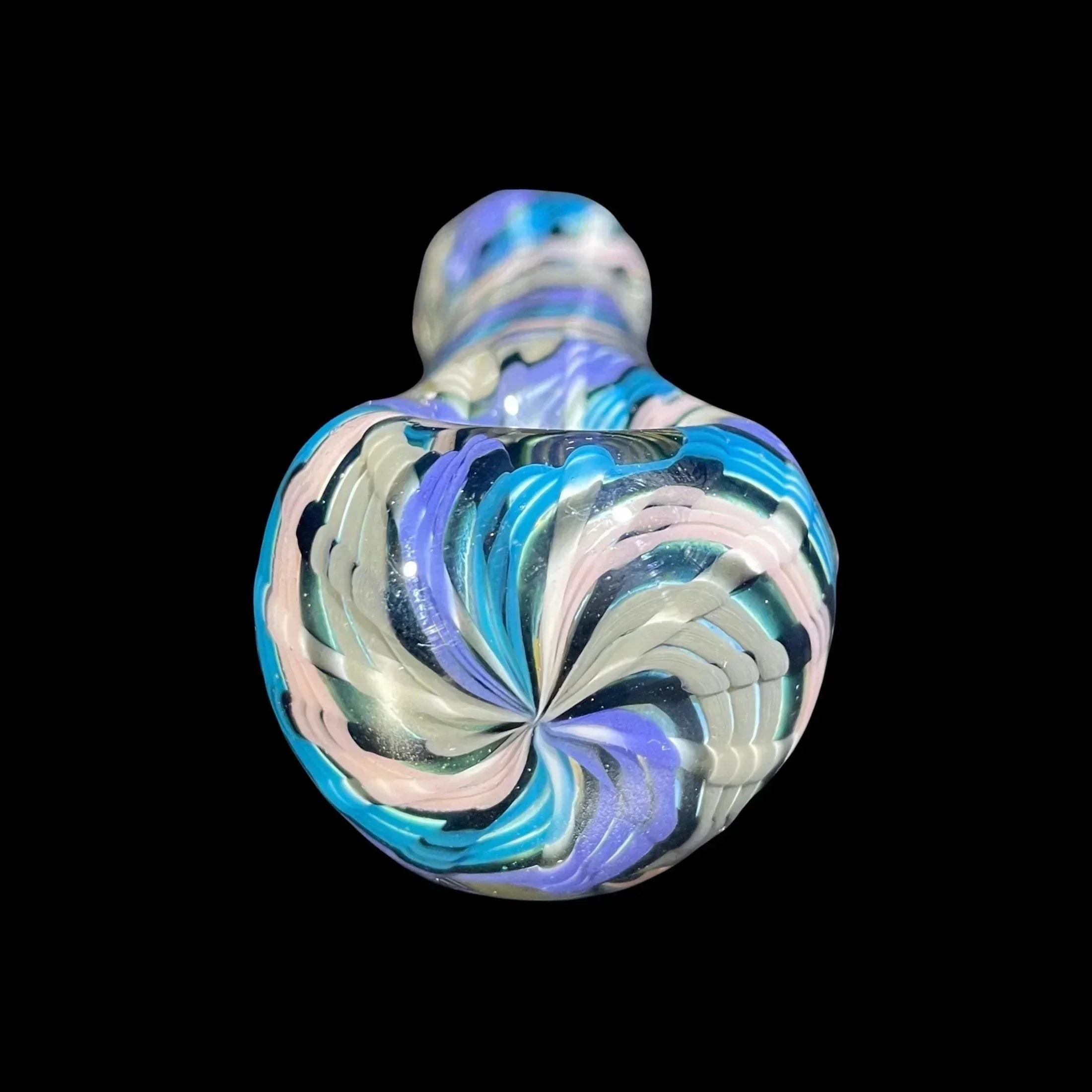 Colorful hand-blown glass pipe with blue, white, and pink swirl design on black background