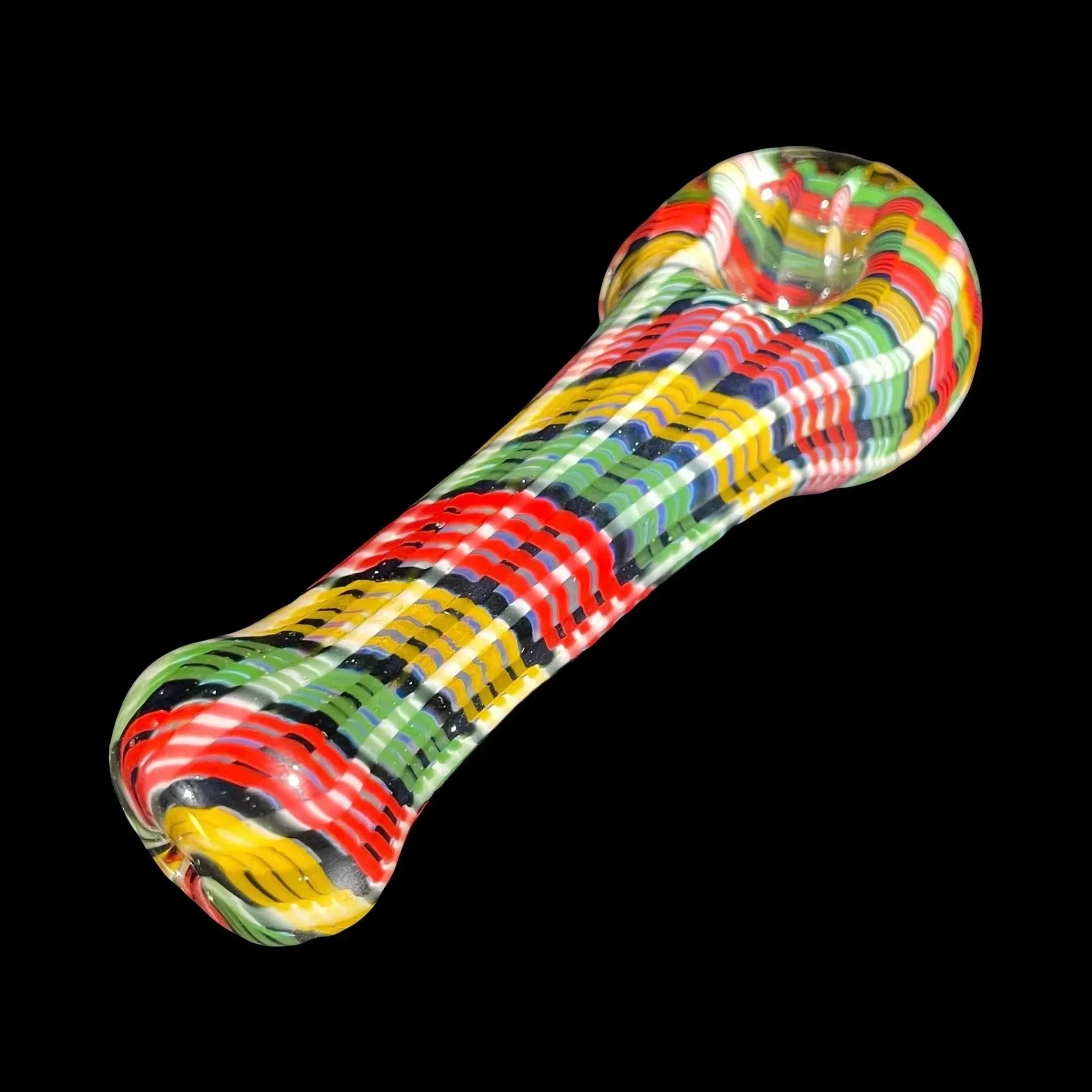 Colorful hand-blown glass pipe with striped pattern on black background