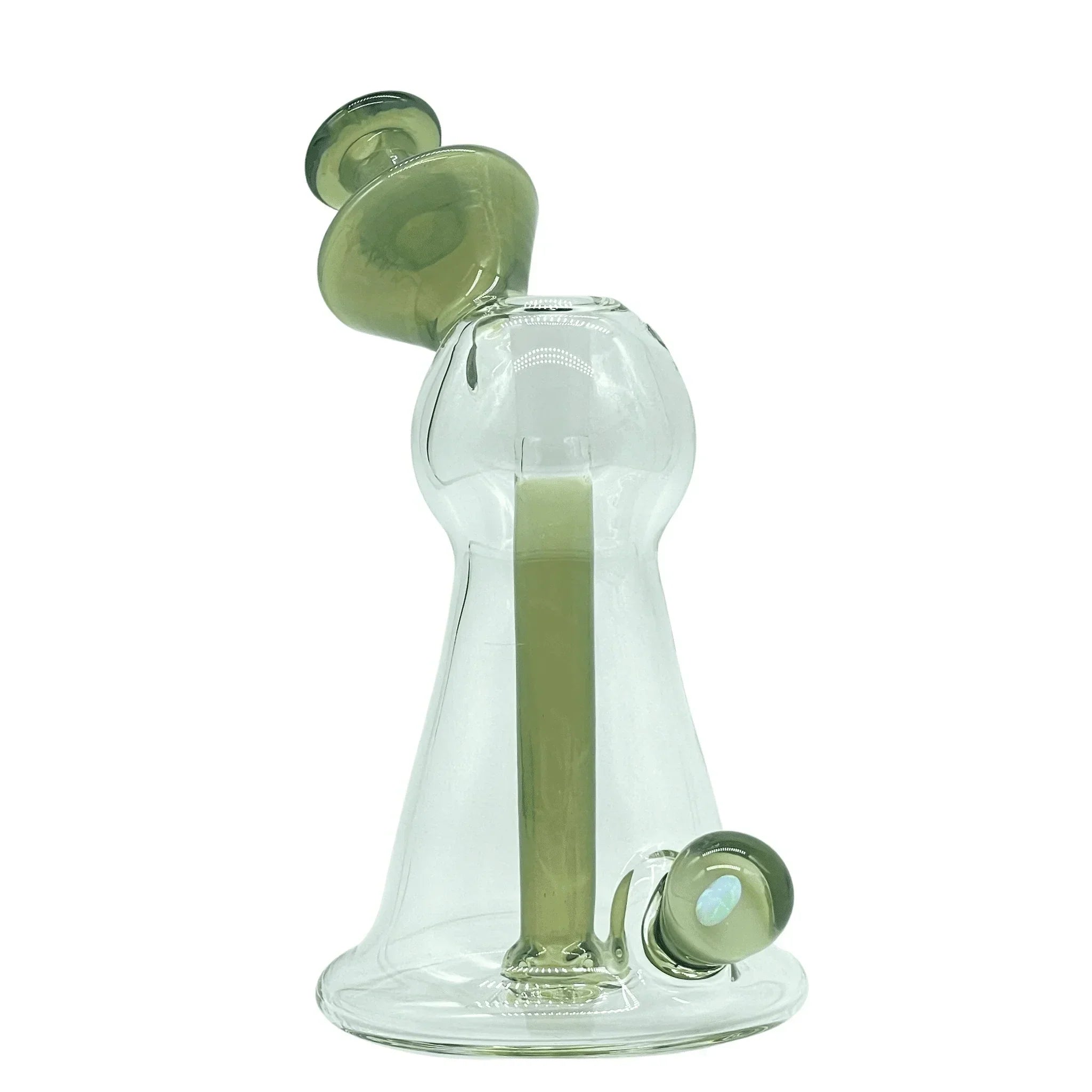 Clear and green glass water pipe with unique curved design and opal accent
