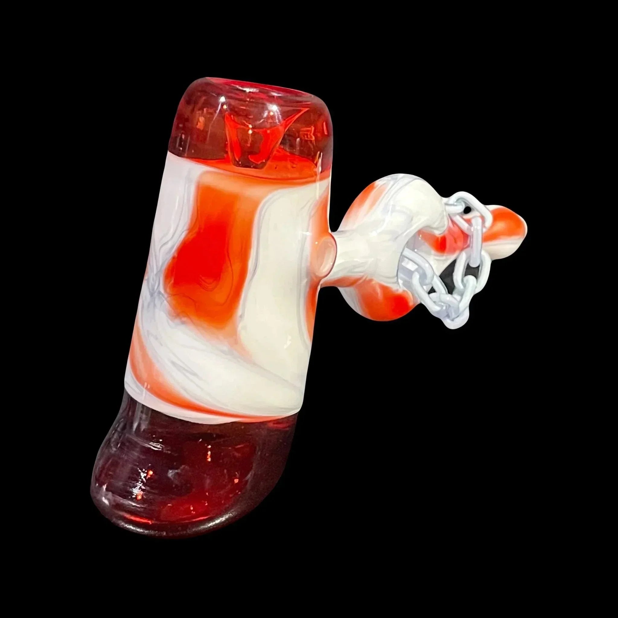 Red and white heady glass pipe with chain detail on black background
