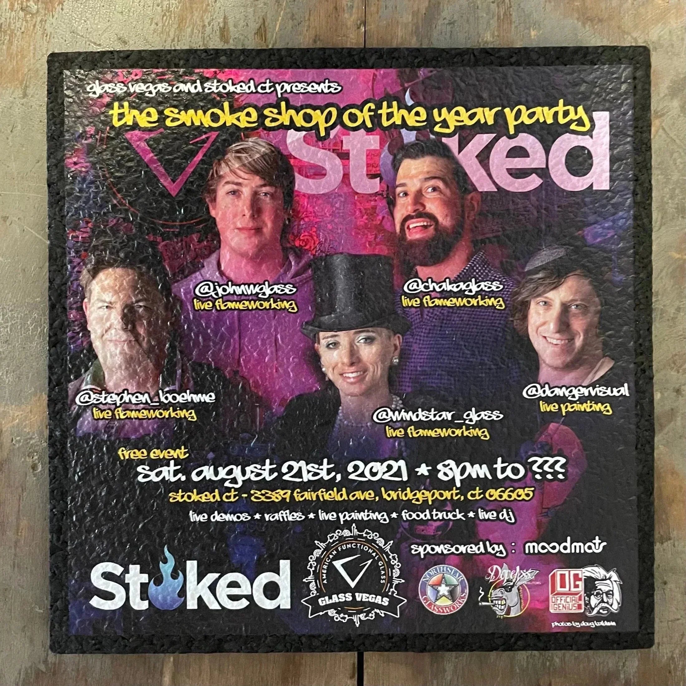 Event flyer with five featured artists, colorful background, and event details for Stoked smoke shop party.