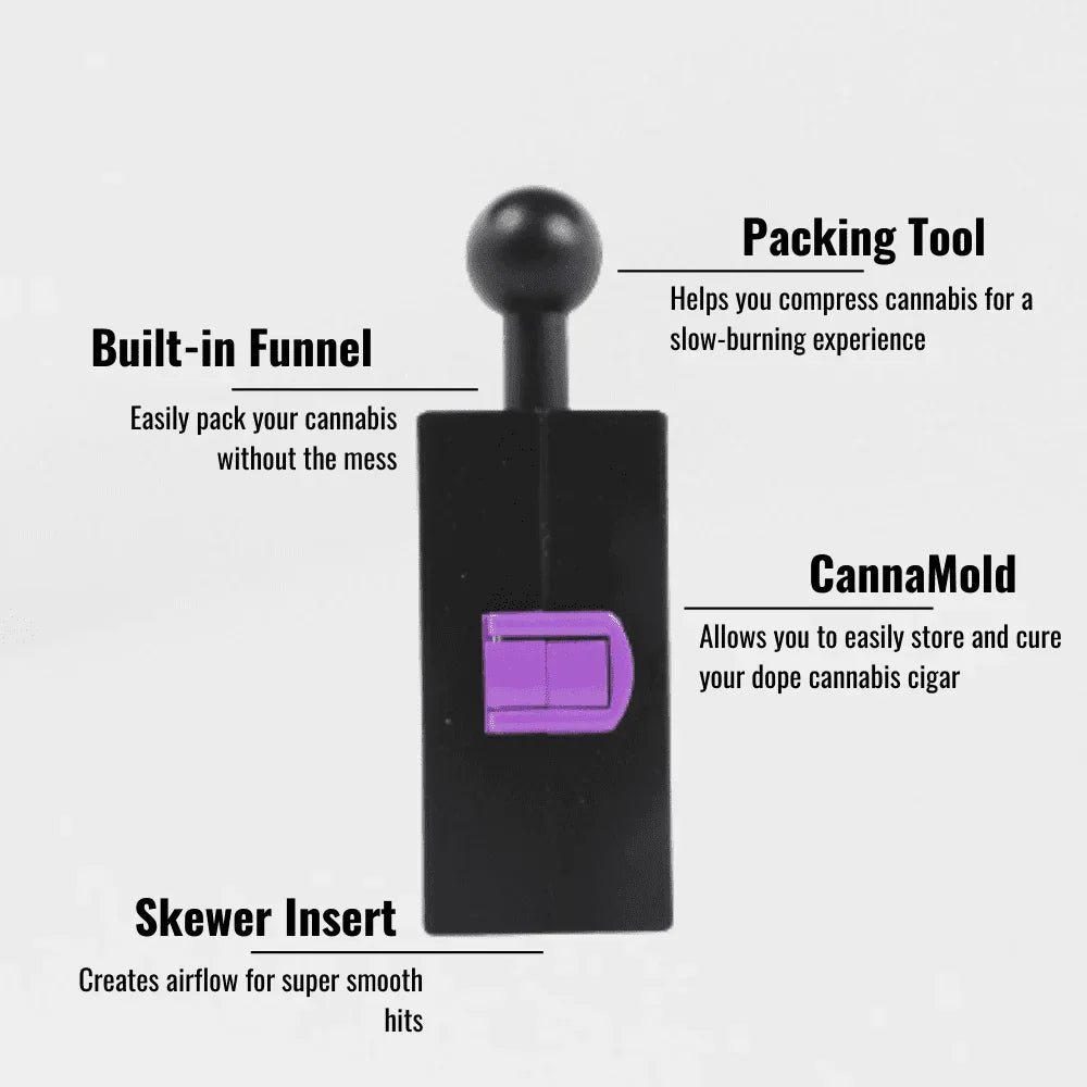Black CannaMold cannabis cigar tool with built-in funnel, packing tool, and skewer insert.