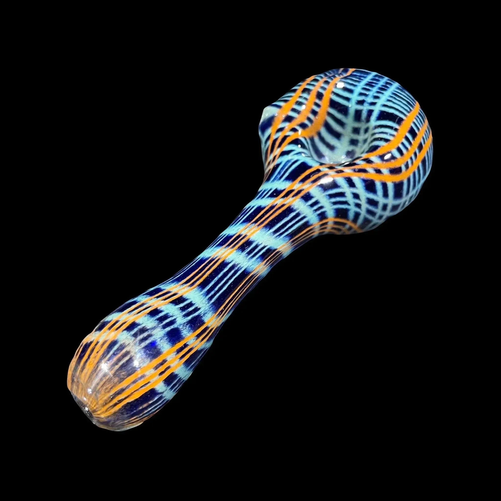 Colorful glass hand pipe with blue, orange, and white striped patterns on black background