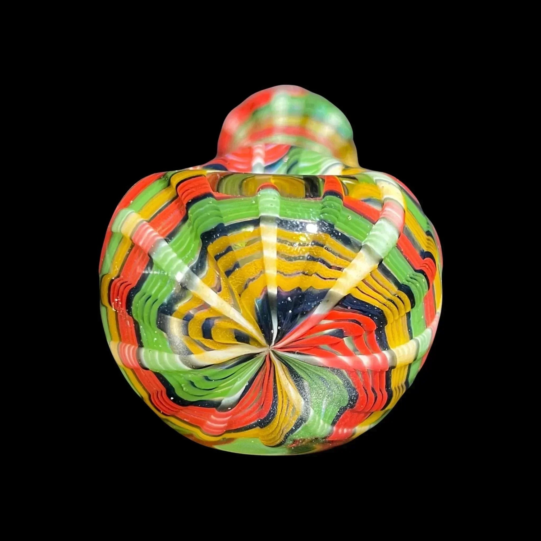 Hand-blown glass pipe with vibrant rainbow swirl pattern on a black background.